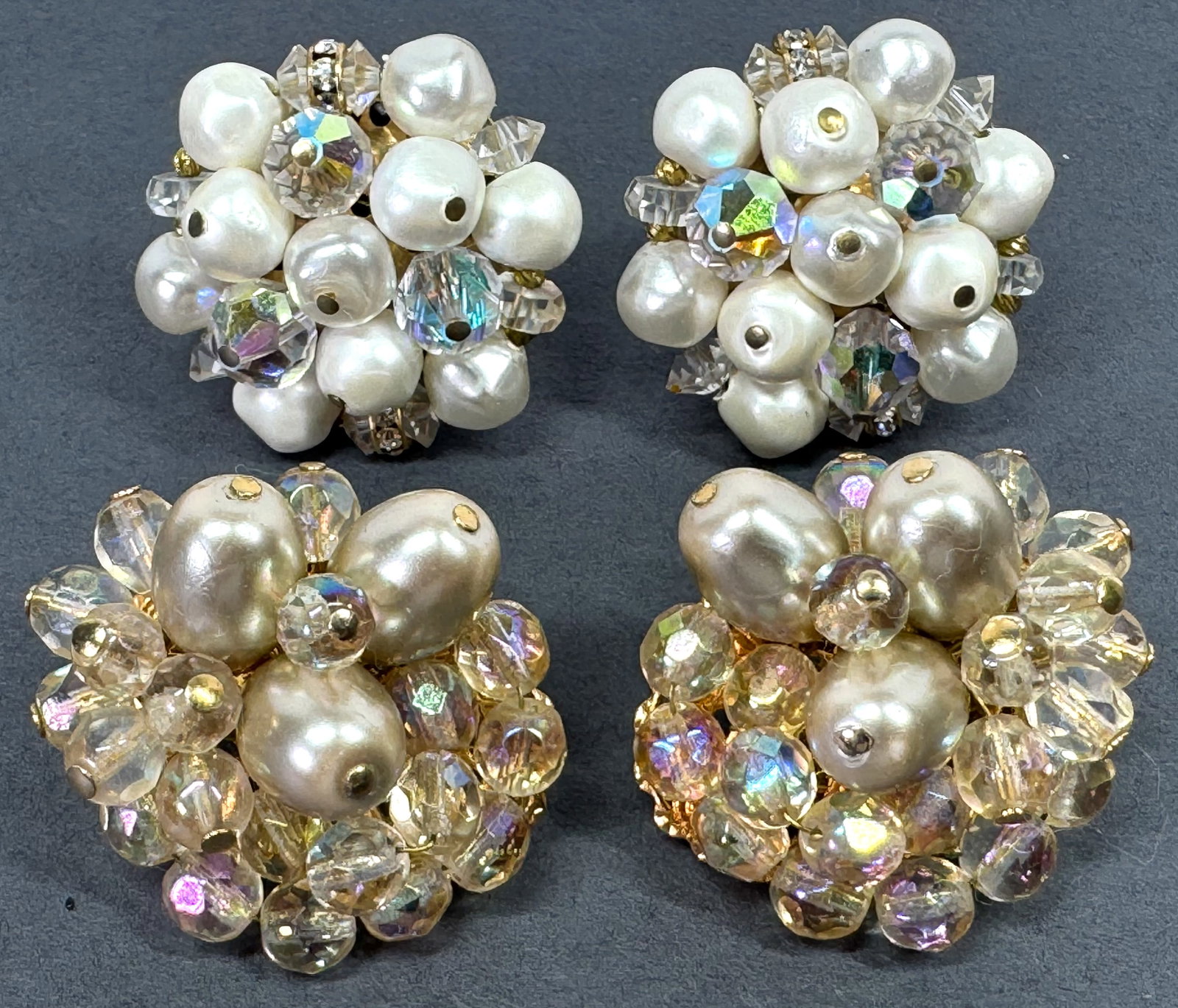 Vintage Haskell style faux pearls & AB crystals clip earrings: Vintage Haskell style faux pearls & AB crystals clip earrings. The filigree goldtone ones are marked Pat Pend and the silvertone ones are unmarked. For measures please refer to the pictures taken with
