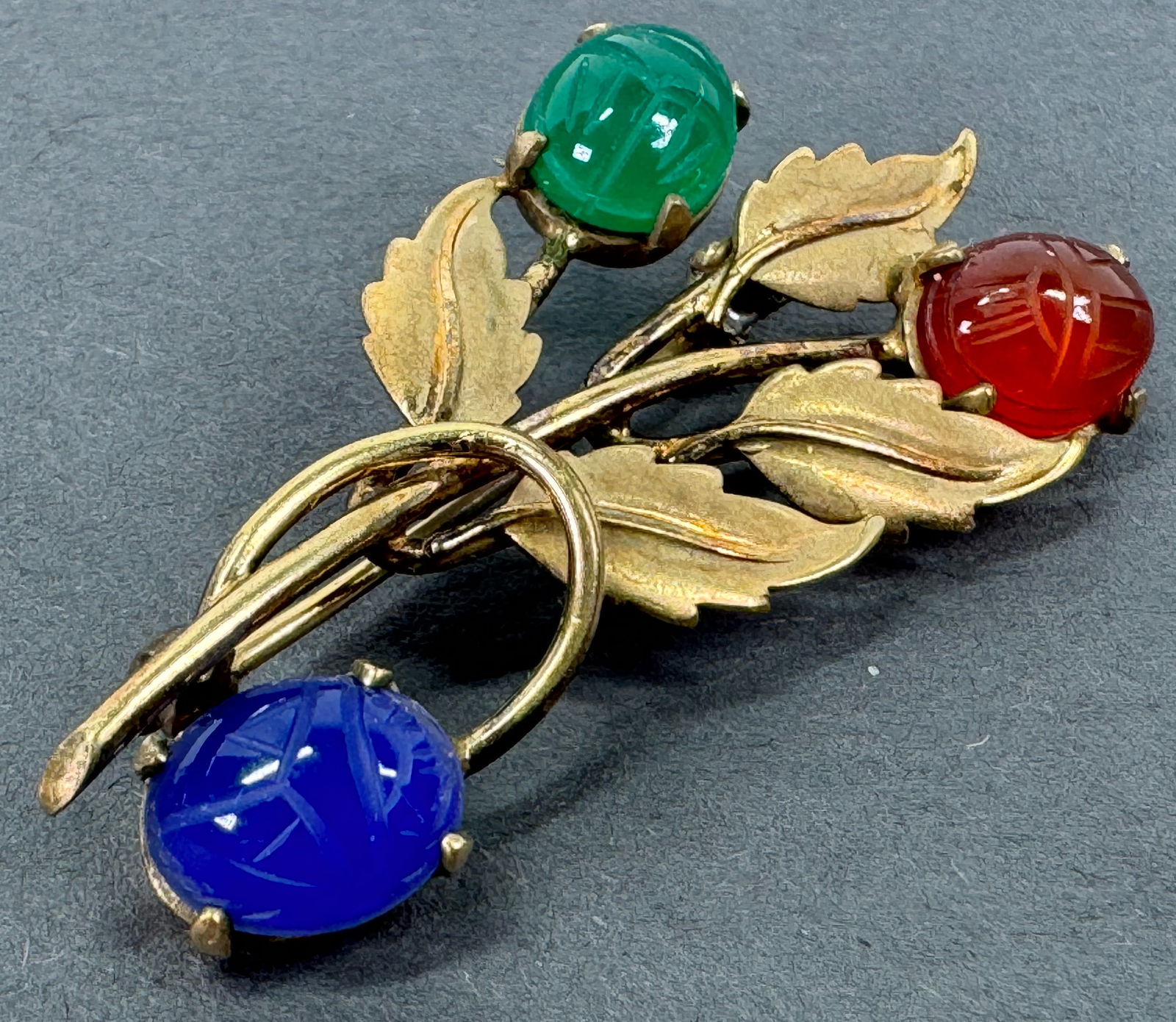 Vintage Harry S Bick HSB color glass scarabs 12K gold filled leaves brooch (1 of 8)