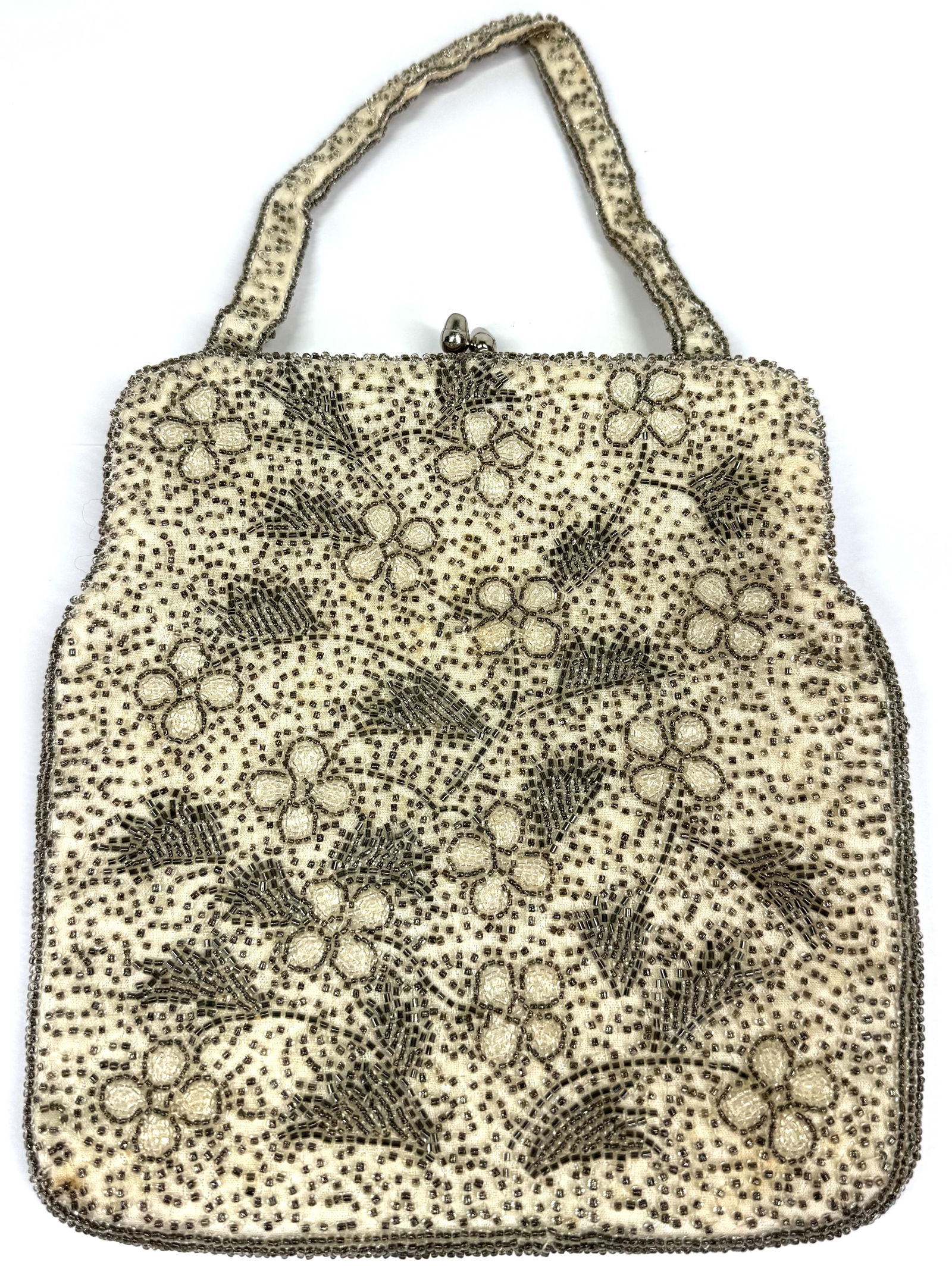 Vintage Magid hand beaded clear & gray flowers & leaves creamy fabric purse bag.: Vintage Magid hand beaded clear & gray flowers & leaves creamy fabric purse bag. Magid Hand beaded in Japan fabric label For measures please refer to the pictures taken with a measuring tape. Weight: