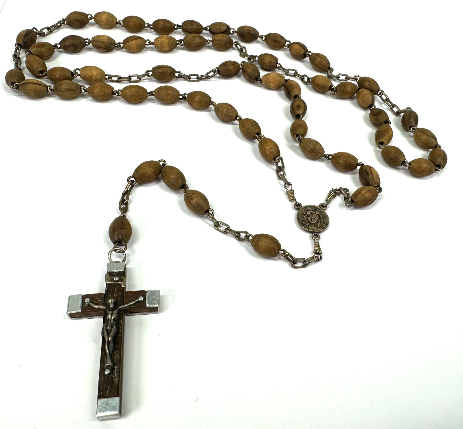 Antique Ecce Homo Jerusalem Cross silvertone metal olive wood beaded Rosary. (1 of 11)