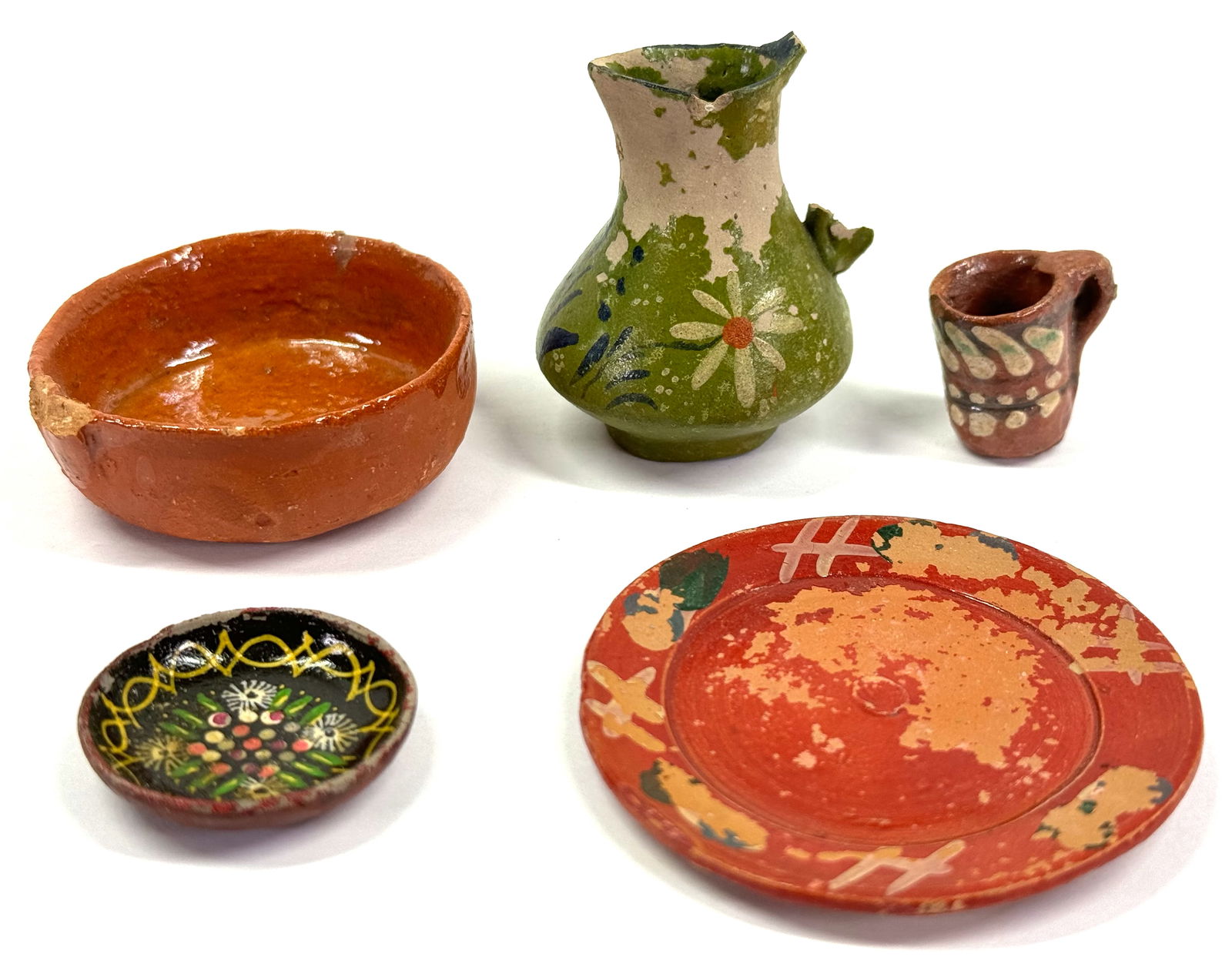 Vintage Mexican folk art hand painted miniature pottery. Lot of 5 pieces. (1 of 11)
