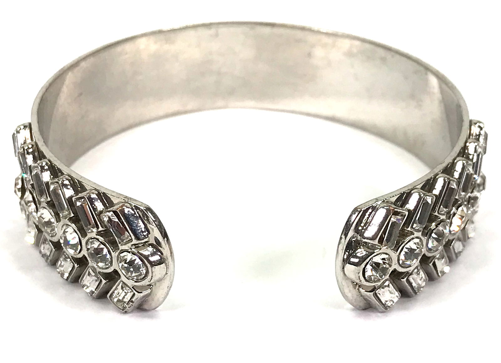 Vintage art deco style clear crystals silvertone metal cuff bracelet. (1 of 10)