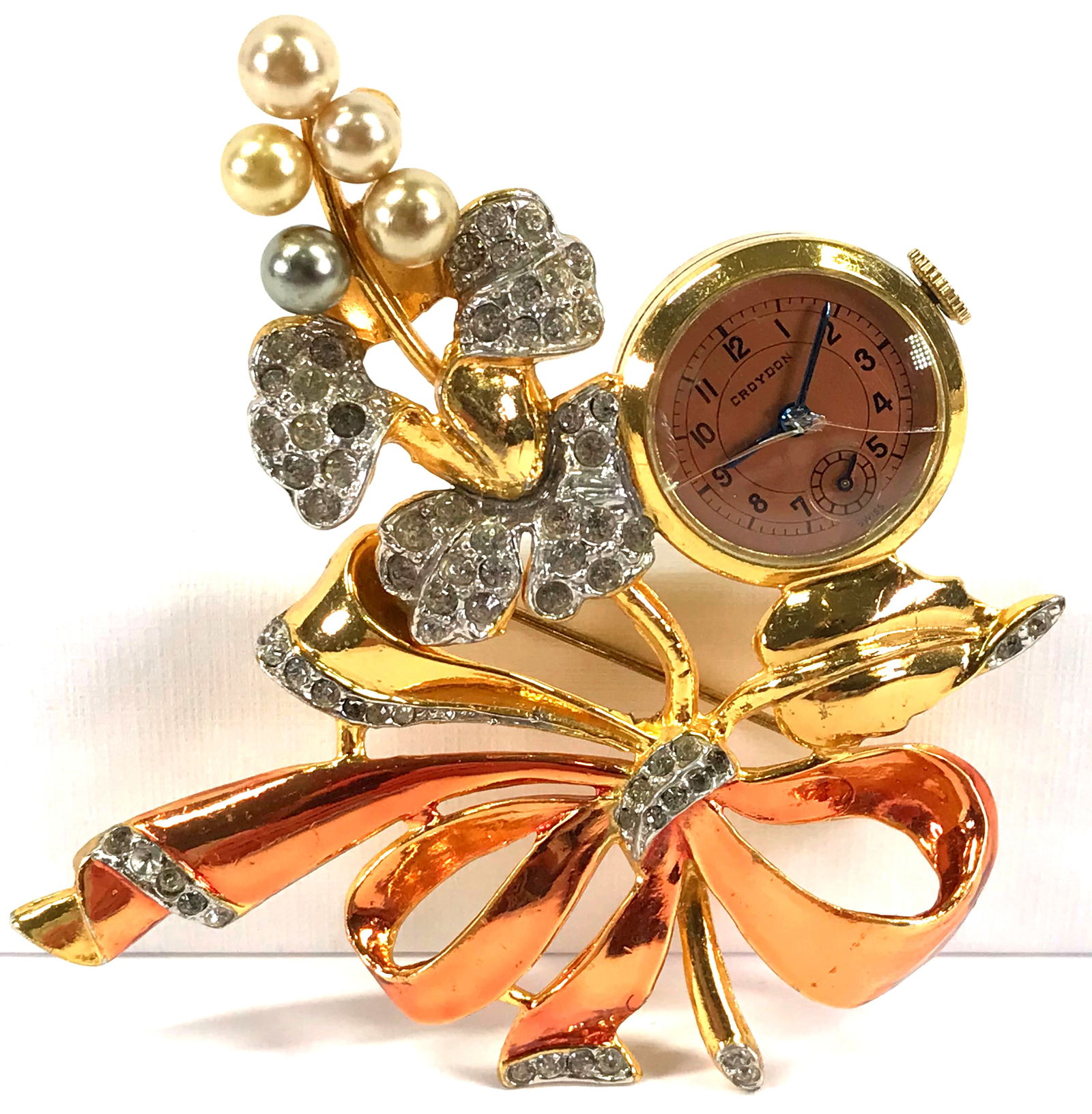 Vintage Croydon Watch Jeweled Flower Bow Pin Brooch. (1 of 14)