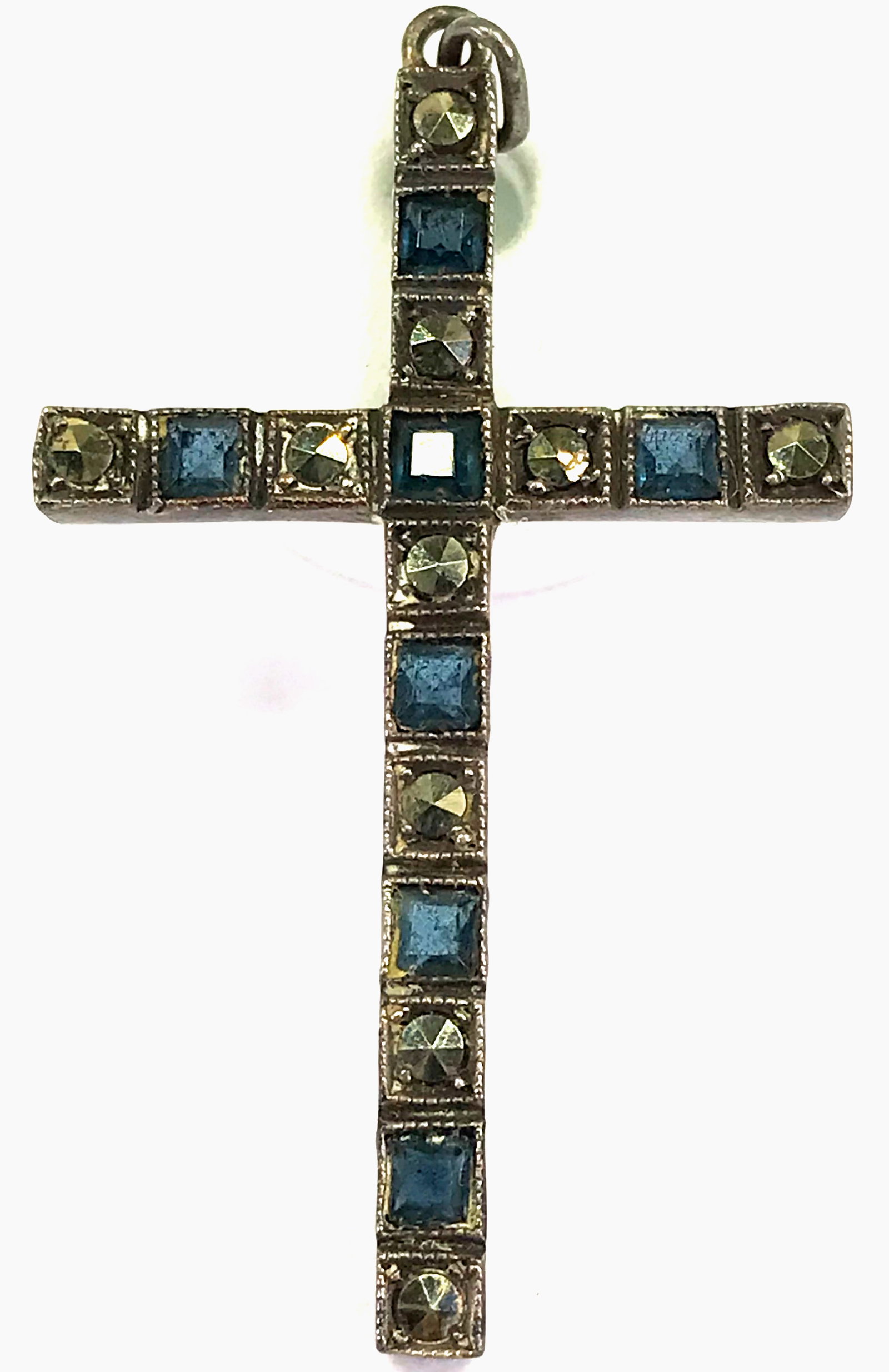 Antique art deco blue crystals & marcasites sterling silver cross pendant.: Antique art deco blue crystals & marcasites sterling silver cross pendant. Marked 935. For measures please refer to the picture taken with a measuring tape. Weight: 2.53 Grams. This is a NO RESERVE AU