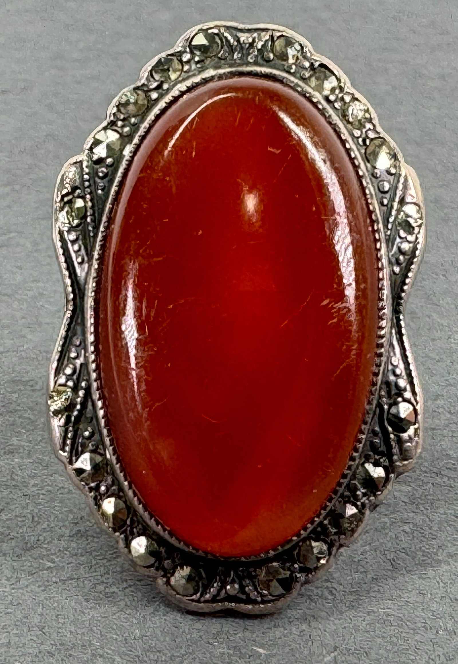 Antique art deco Uncas Sterling carnelian & marcasites silver ring. (1 of 9)