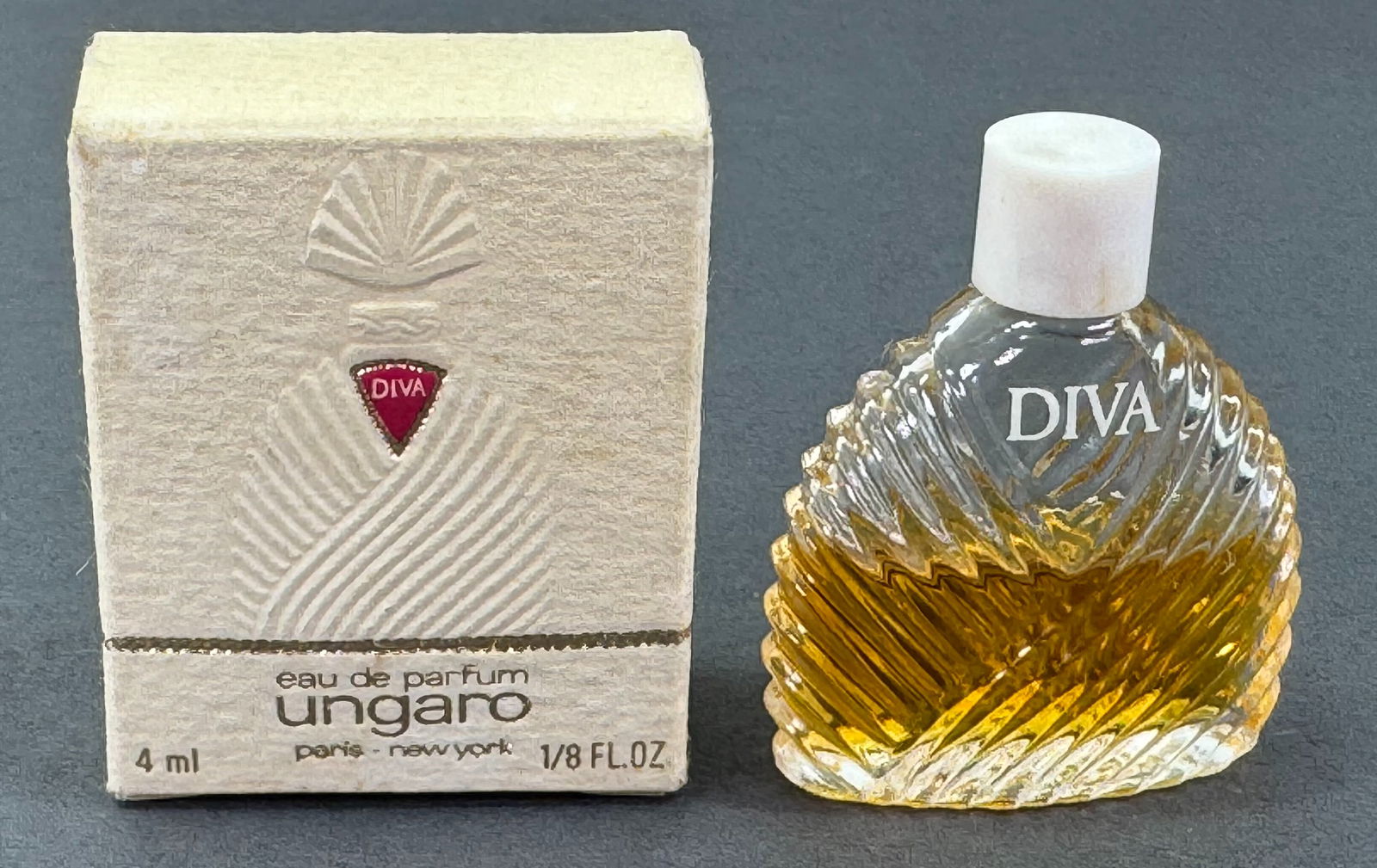 Vintage Diva Ungaro miniature perfume bottle in box. Half full. (1 of 8)