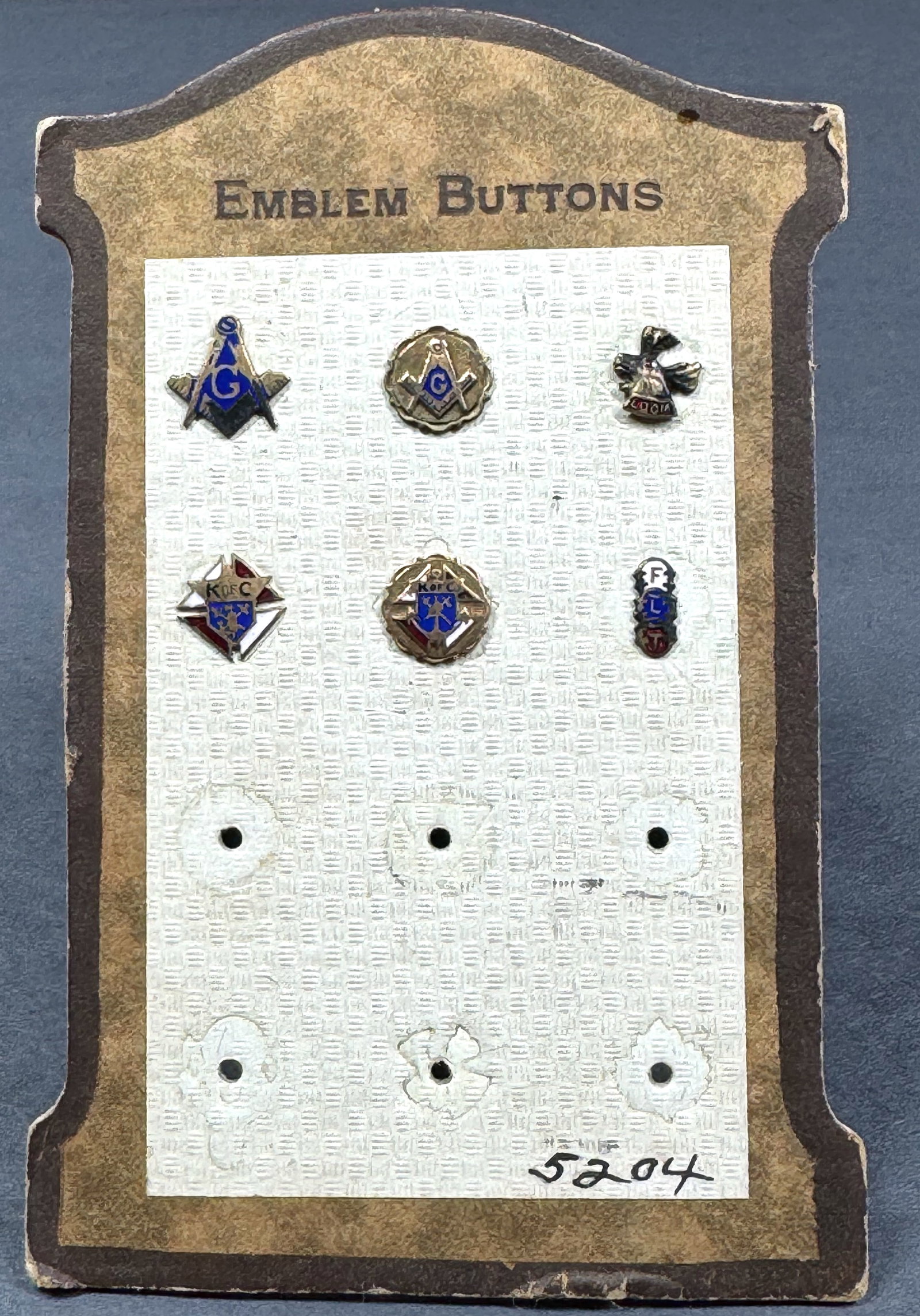 Antique Masonic Blue Lodge, KofC, FLT, Loom lapel buttons in original cardboard display (1 of 7)