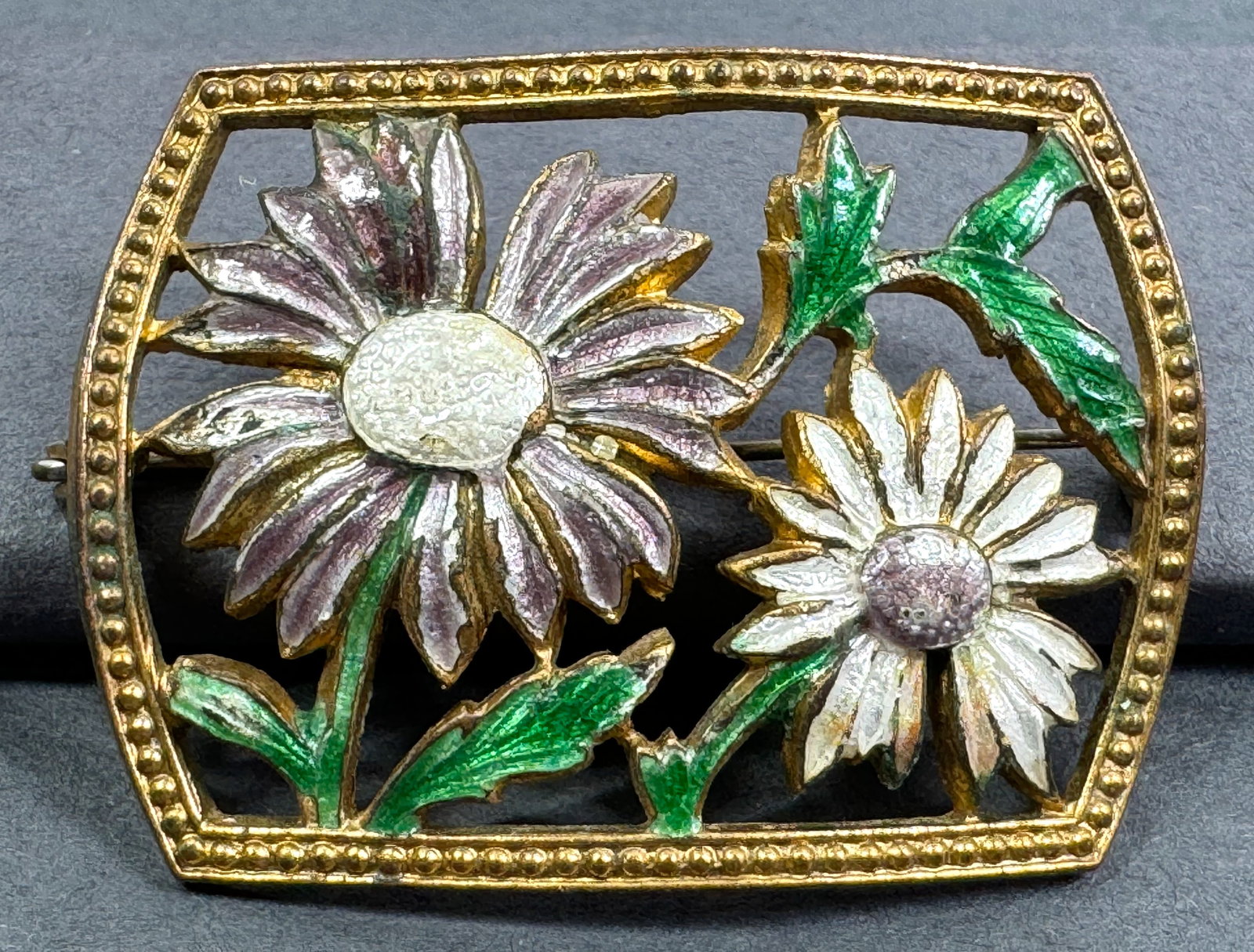 Antique Czech flowers & leaves enamel goldtone metal pin brooch. (1 of 6)