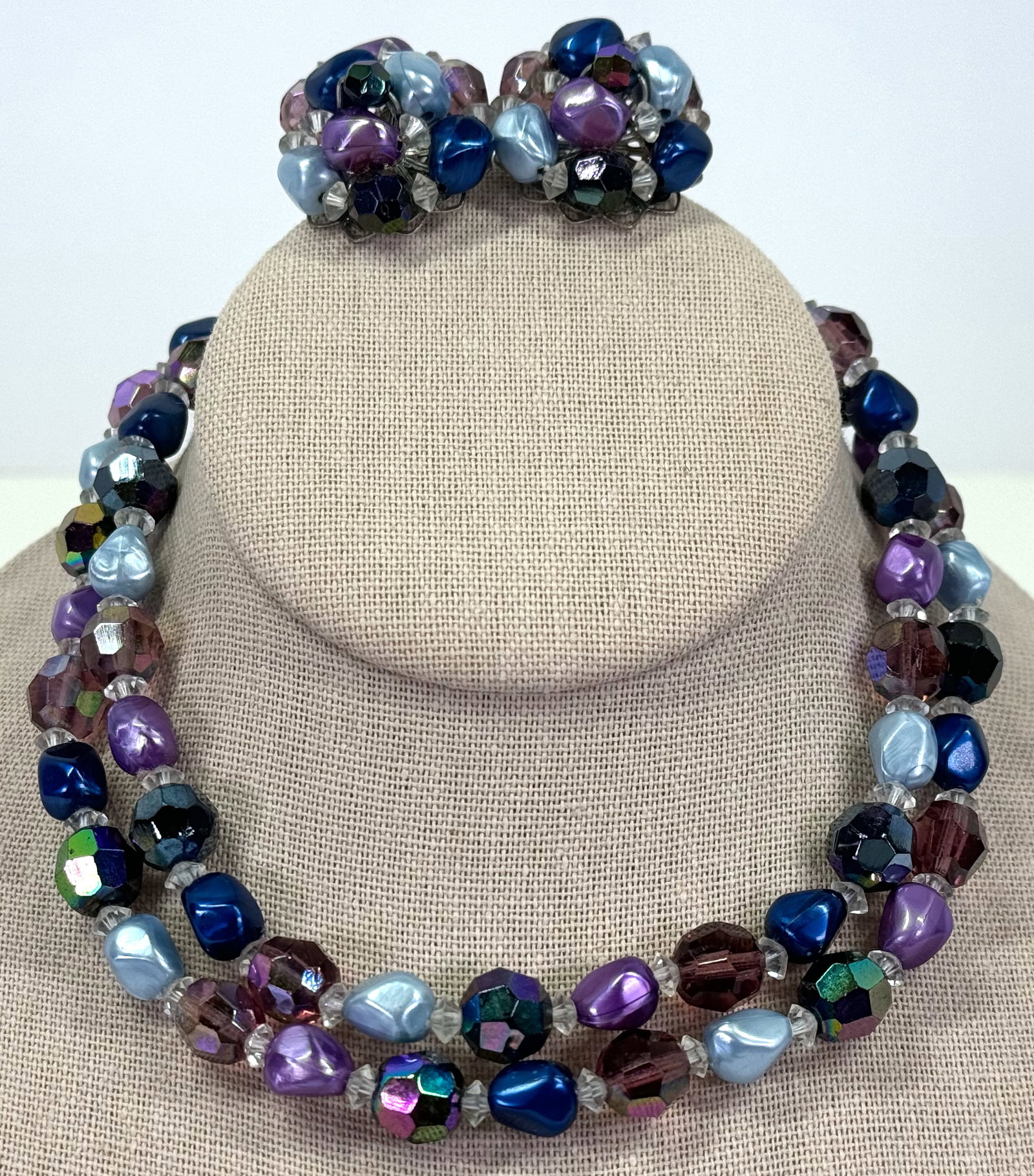 Vintage AB crystal & pearly beaded silvertone metal choker necklace & earrings set (1 of 15)