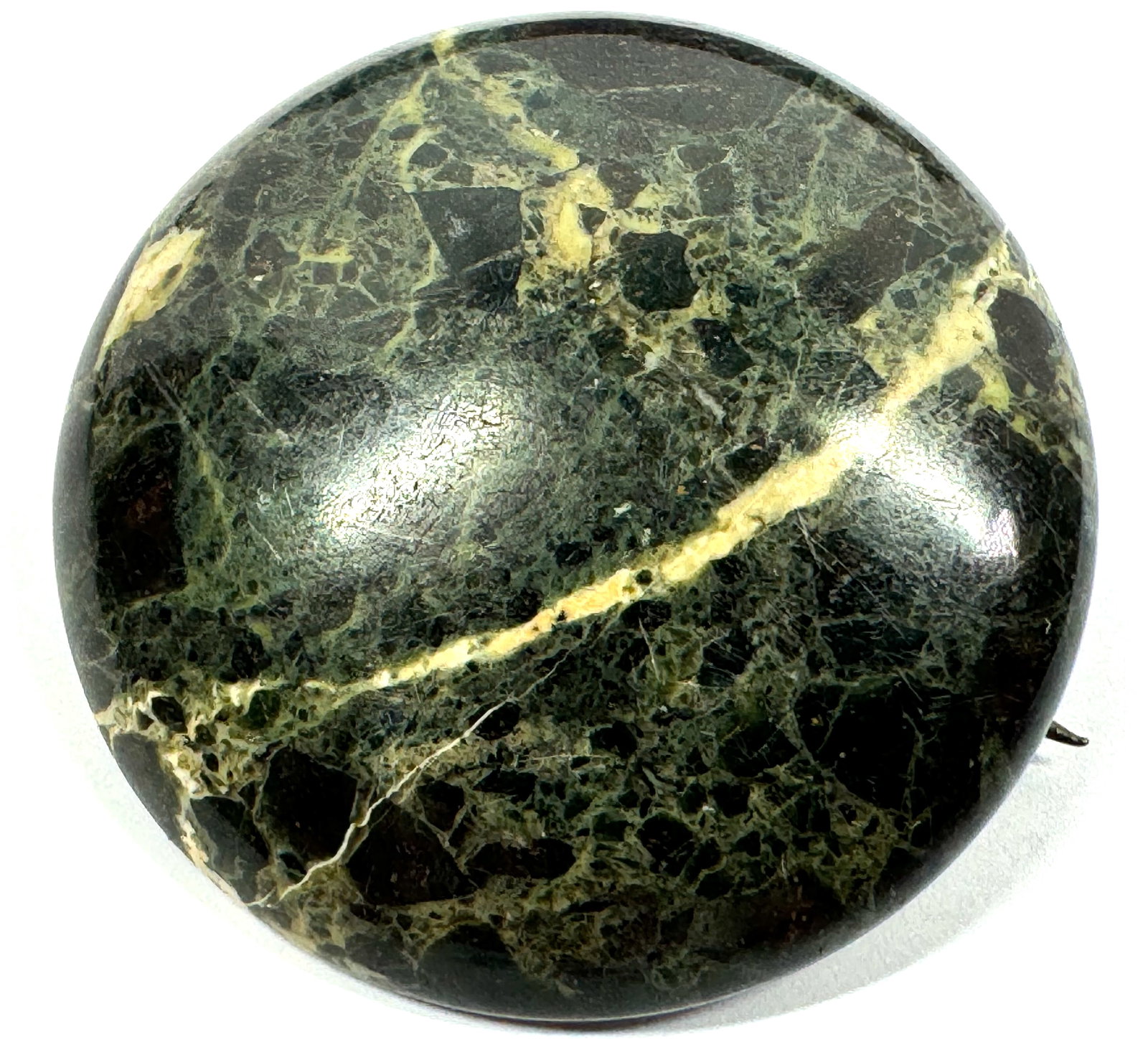 Antique edwardian commenara marble green stone dome rounded pin brooch.: Antique edwardian commenara marble green stone dome rounded pin brooch. Unmarked. For measures please refer to the pictures taken with a measuring tape. Weight: 18 Grams. This is a NO RESERVE AUCTION: