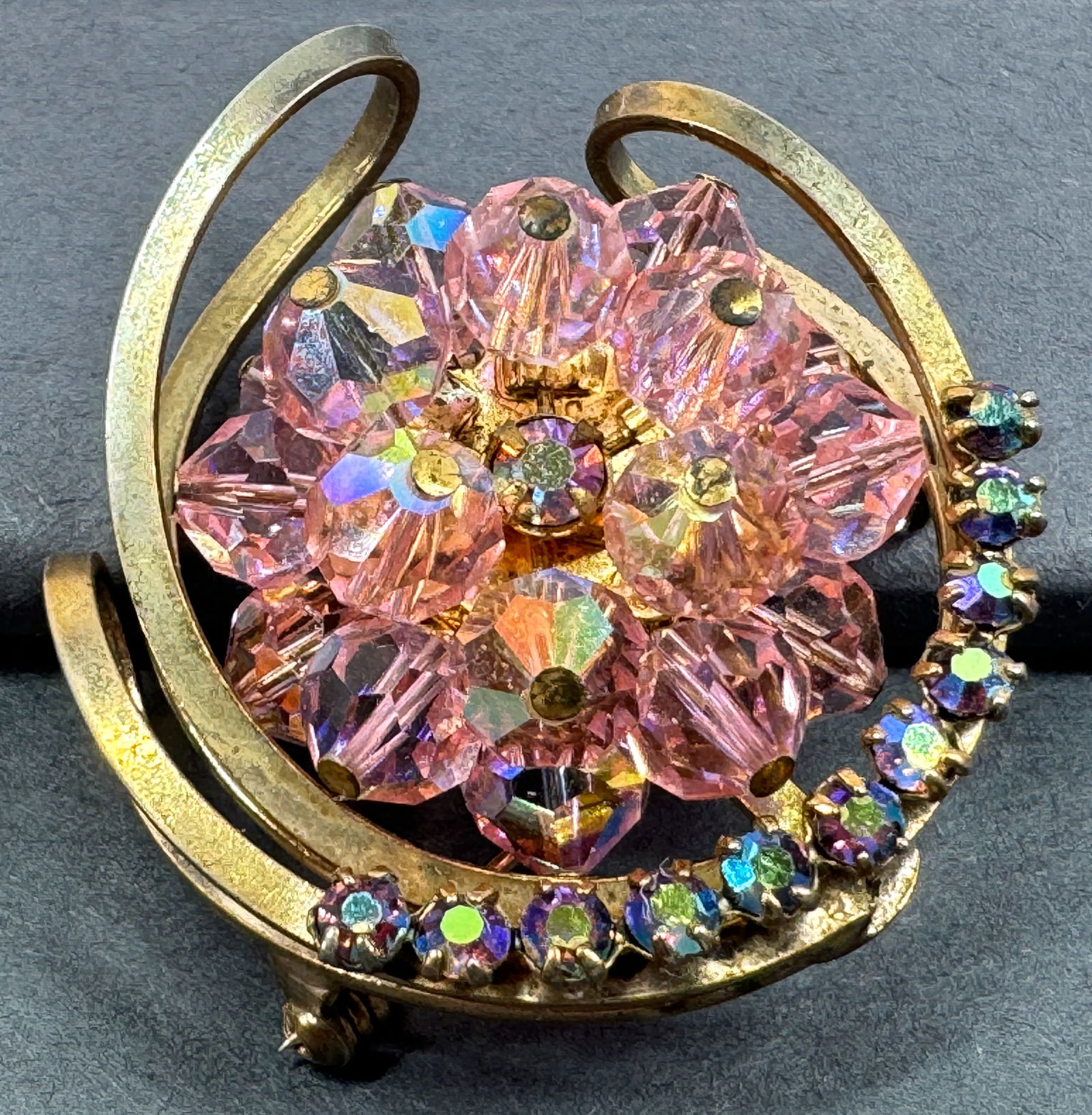 Vintage AB rhinestones  & faceted rose crystal beads goldtone metal flower pin brooch. (1 of 6)