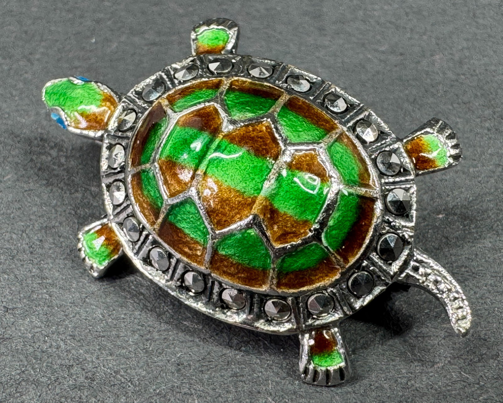 Vintage German Alice Caviness marcasites enamel sterling silver turtle pin brooch (1 of 12)