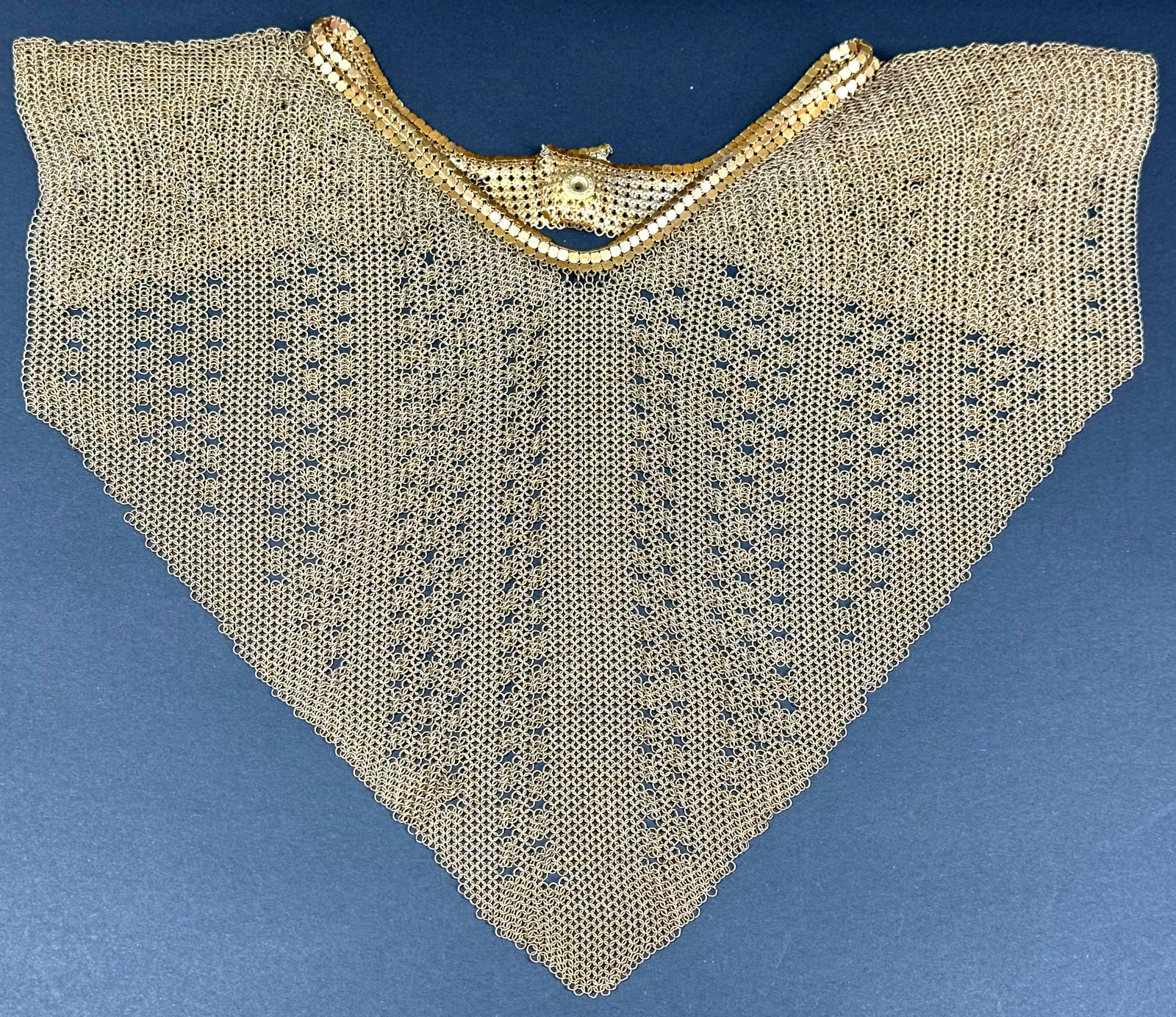 Vintage Egyptian Revival goldtone metal mesh bib necklace. Rau fastener. (1 of 19)