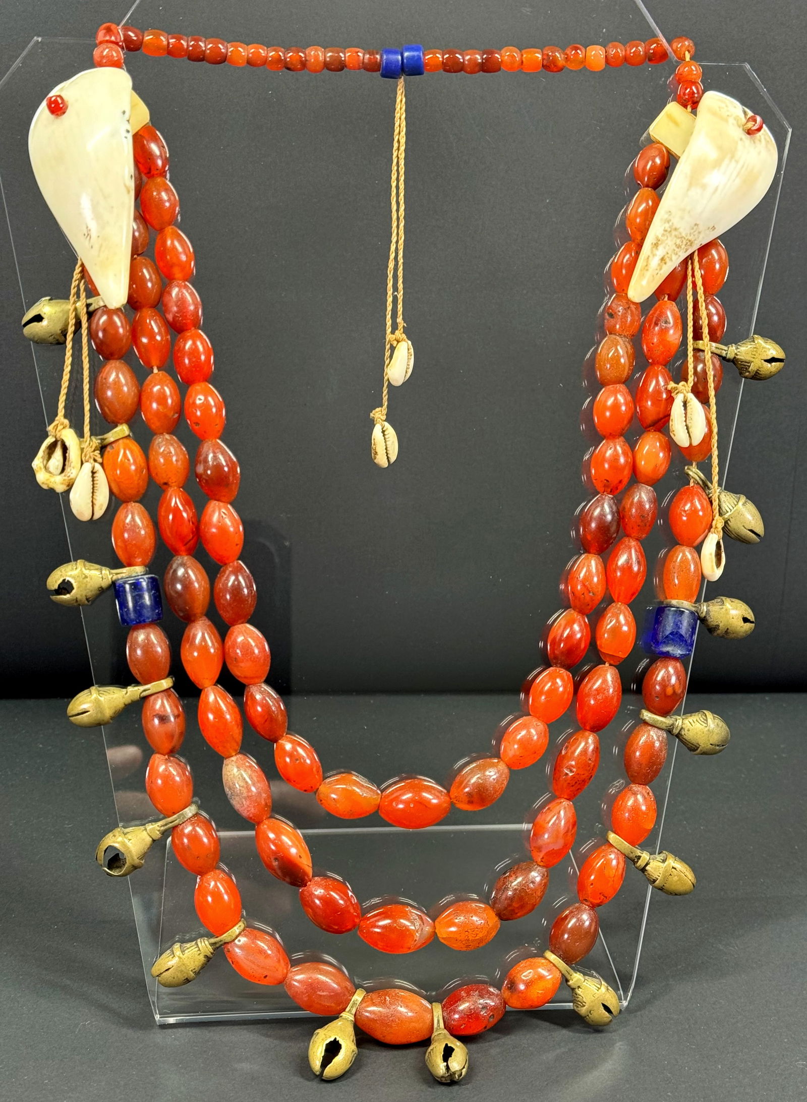 Naga Burma/India Necklace. Carnelian, stone, bronze beads, shells, cord. (1 of 20)