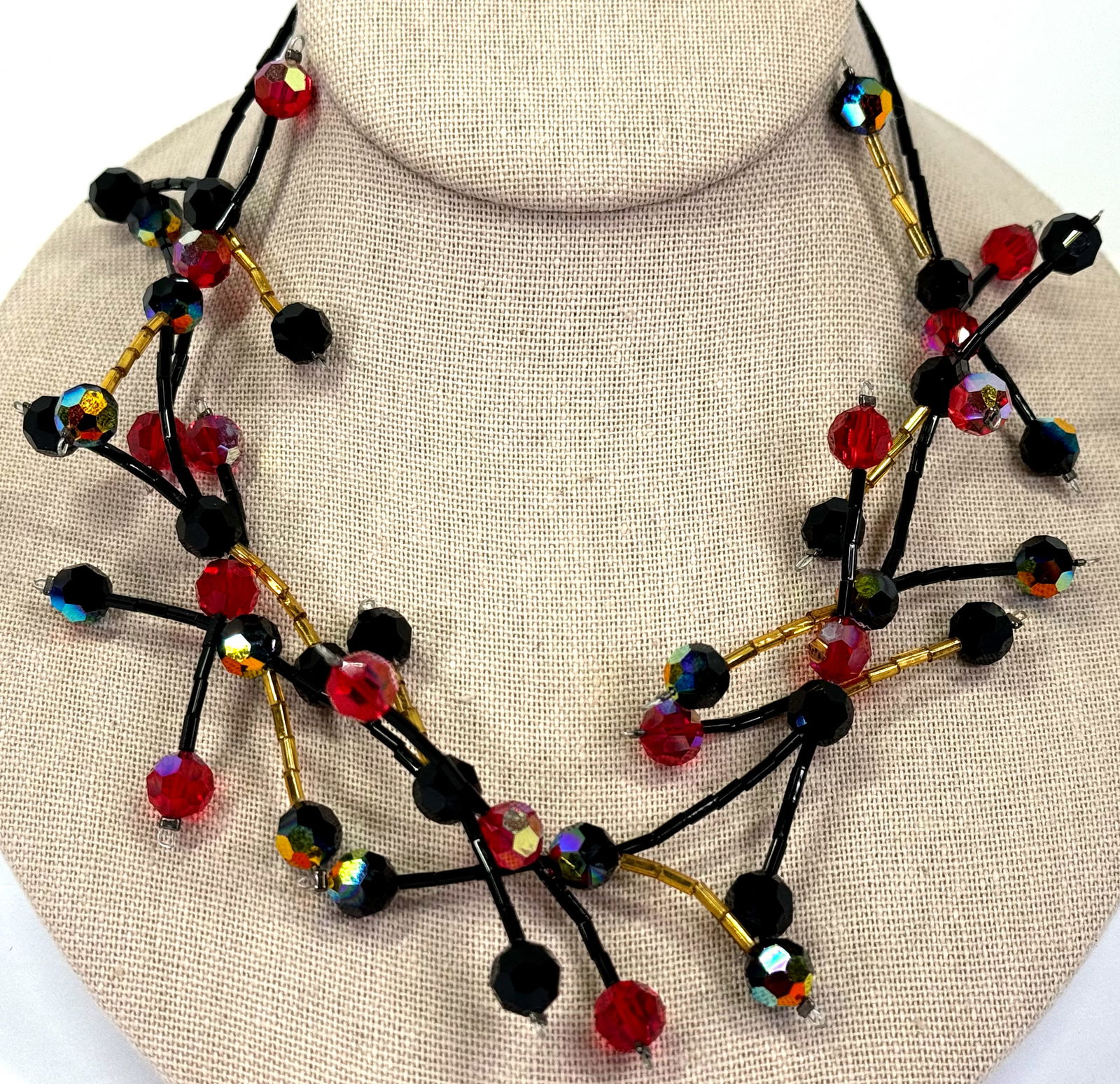 Vintage artsy crafted AB red & black crystals and glass beaded bib collar necklace (1 of 7)