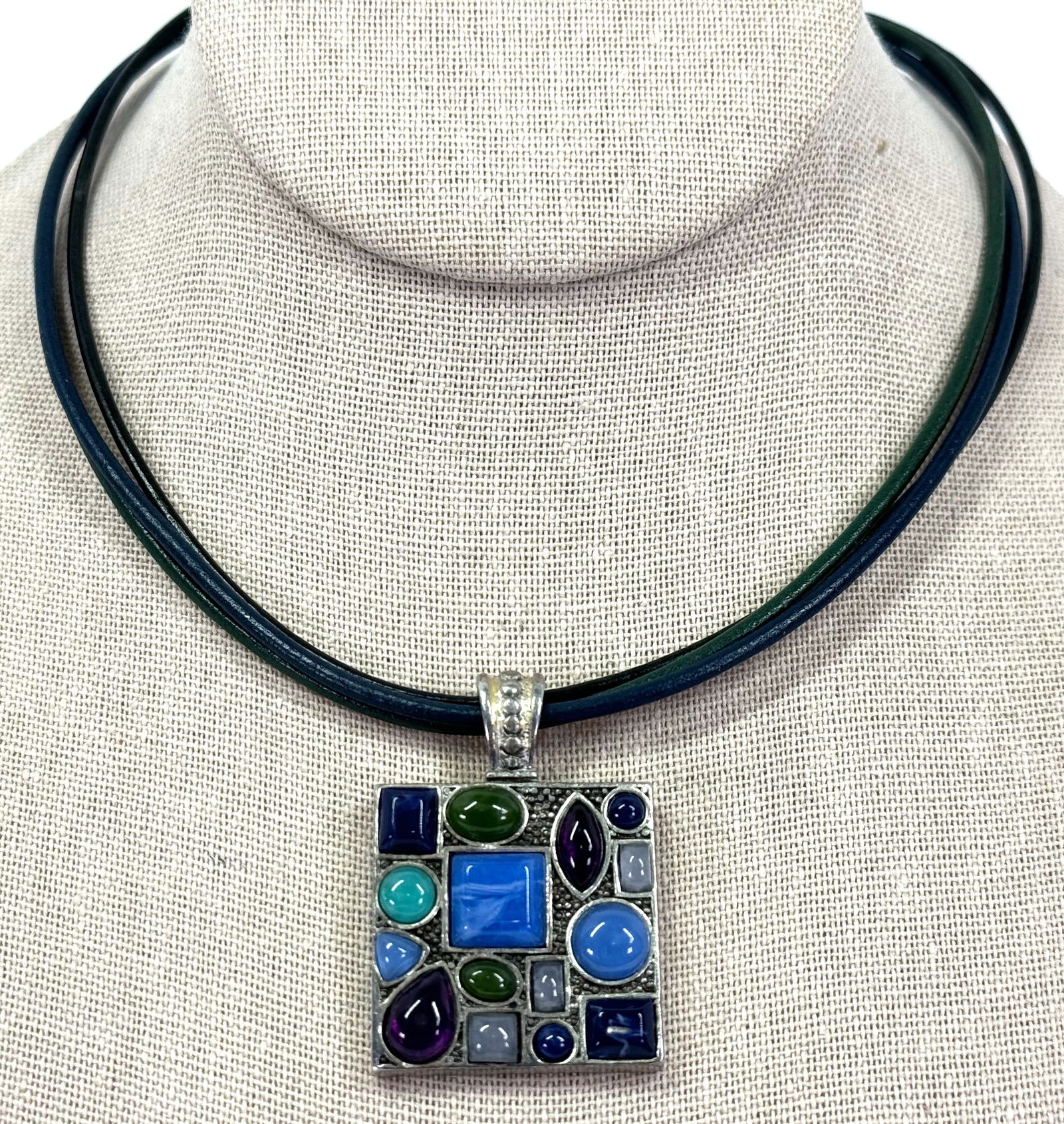 Brutalist style colors plastic cabs silvertone pendant genuine leather necklace (1 of 7)