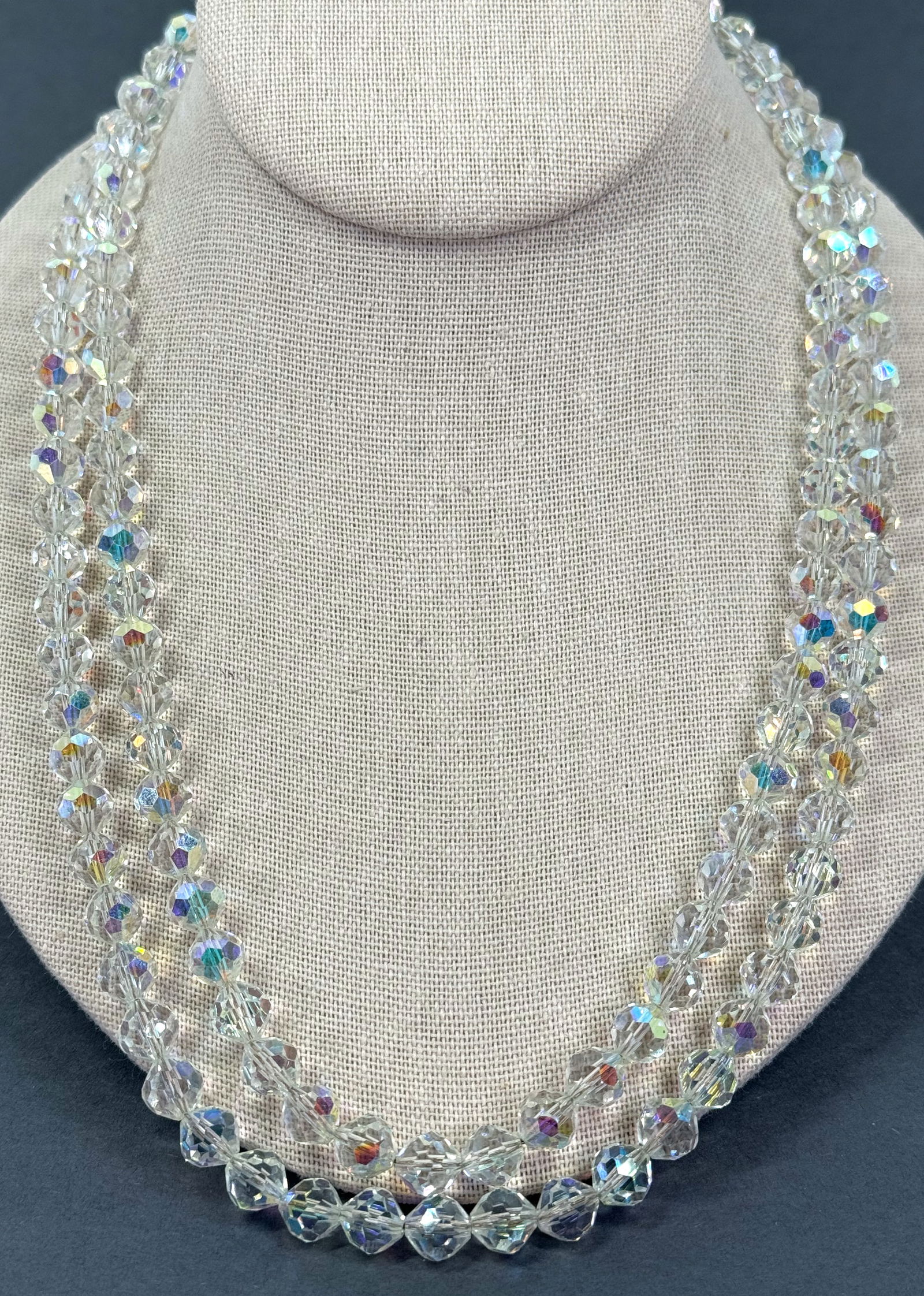 Vintage AB clear faceted crystals metal chain string 2 strands necklace. (1 of 11)