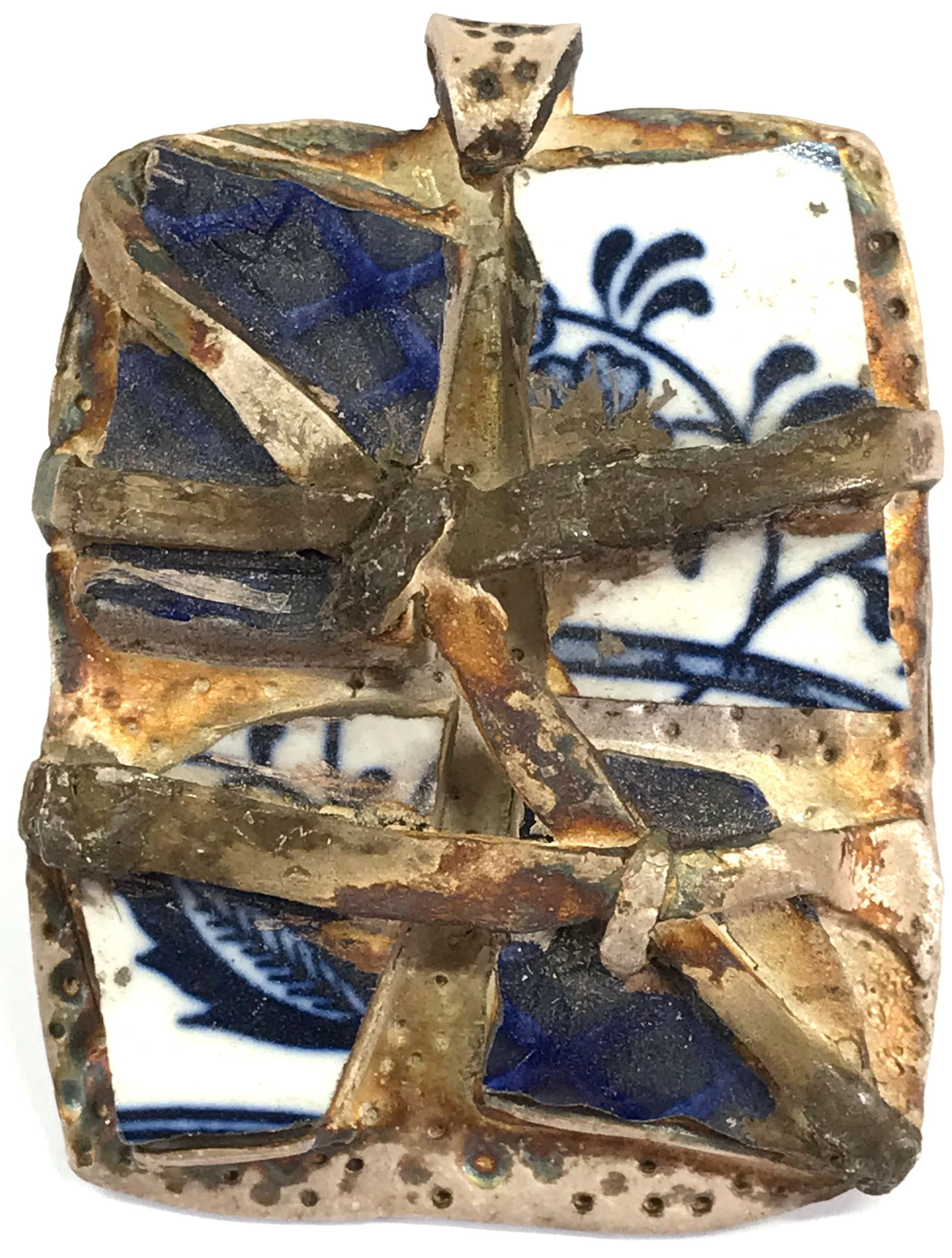 Vintage artsy brutalist blue pottery pieces silvertone pendant. (1 of 5)