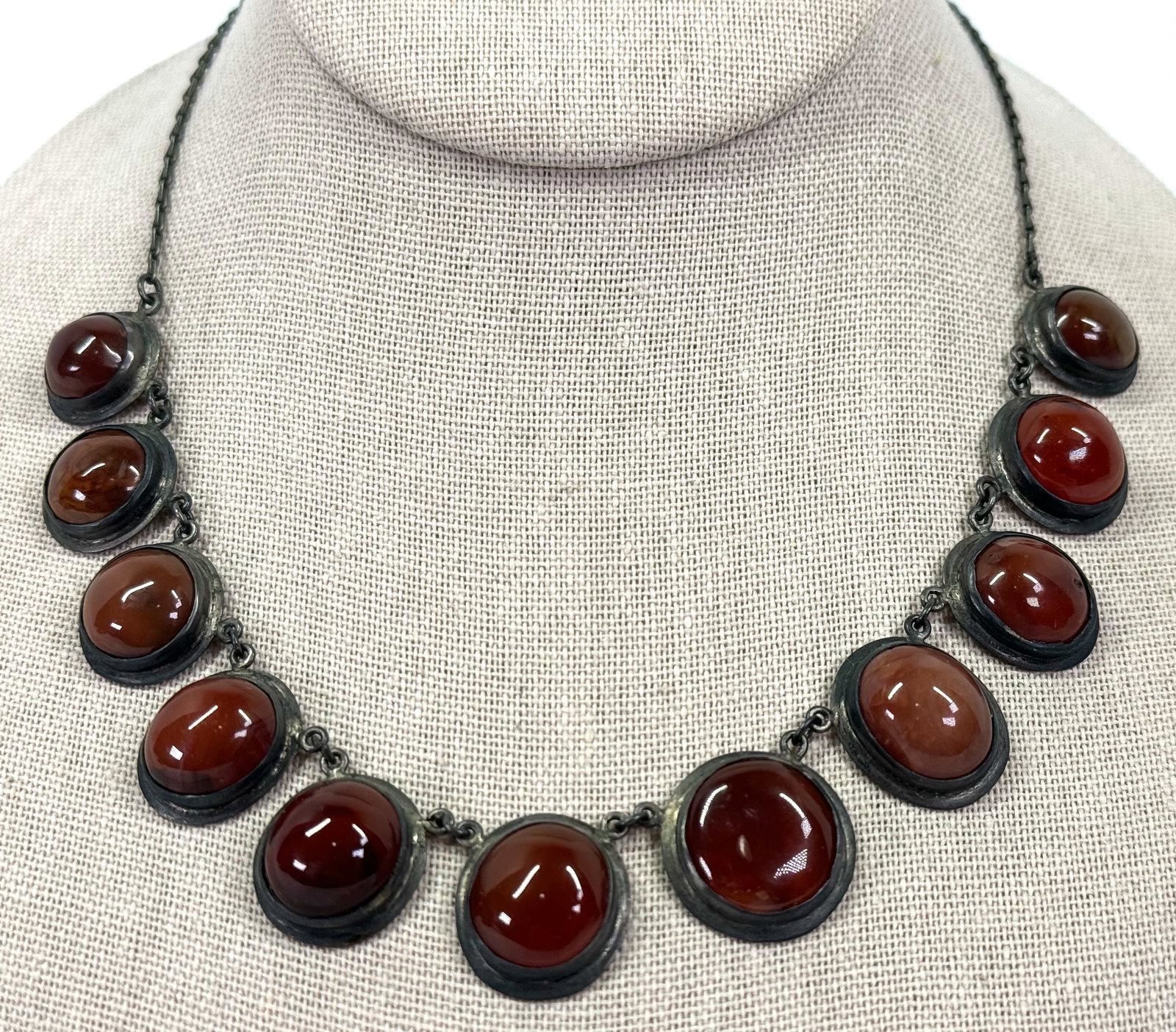 Vintage MCM carnelian cabs 800 silver collar necklace.: Vintage MCM carnelian cabs 800 silver collar necklace. The ring is marked hard to read ME and 8.. For measures please refer to the pictures taken with a measuring tape. Weight: 36 Grams all. This is a