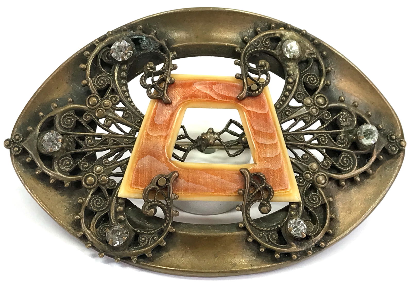 Antique Edwardian celluloid & crystals filigree goldtone metal large pin brooch. (1 of 7)