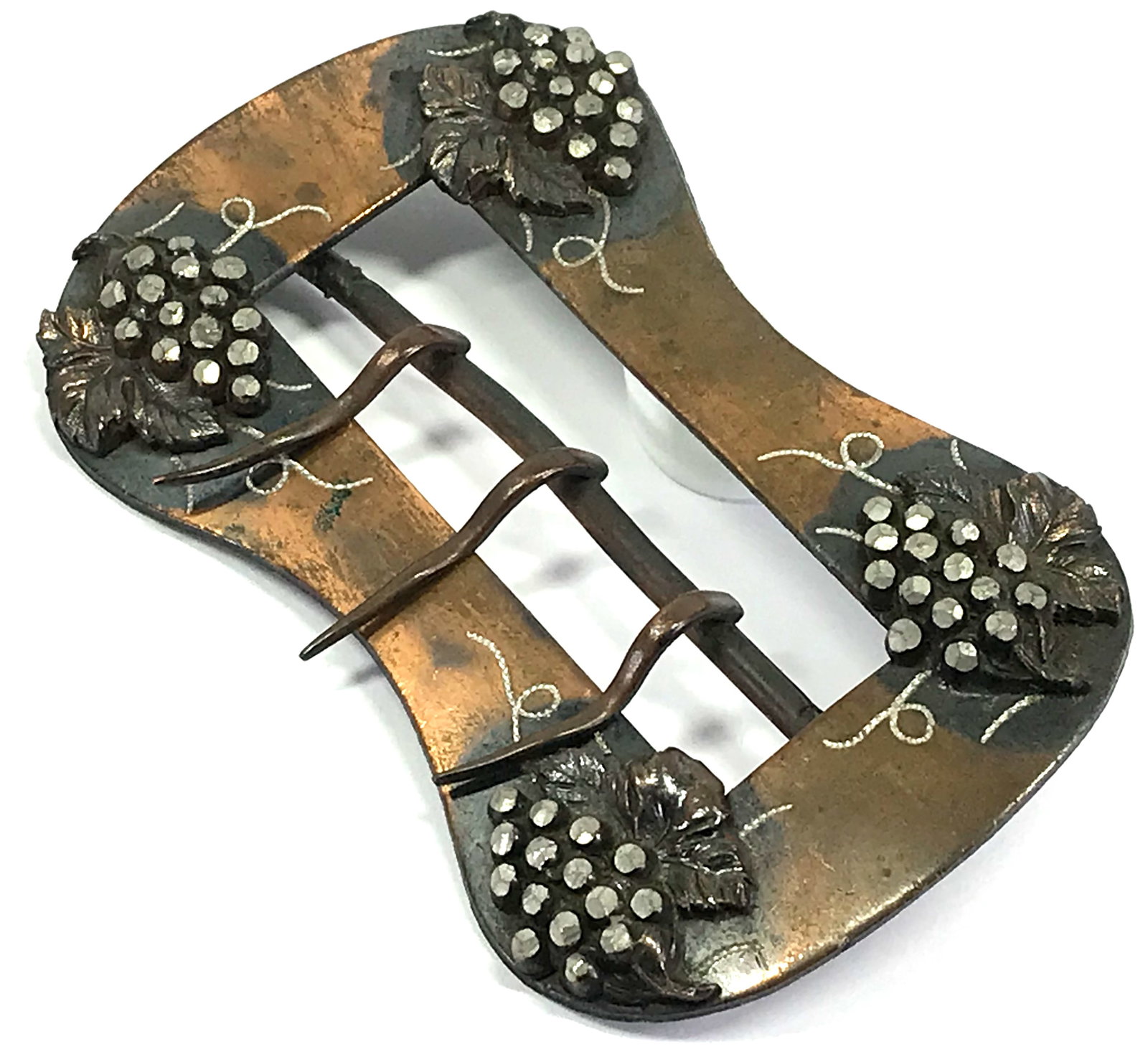 Antique Edwardian cut steel marcasites grape clusters sash belt buckle: Antique Edwardian cut steel marcasites grape clusters with applied leaves engraved dark gray accents coppertone metal sash belt buckle . Unmarked. For measures please refer to the picture taken with a