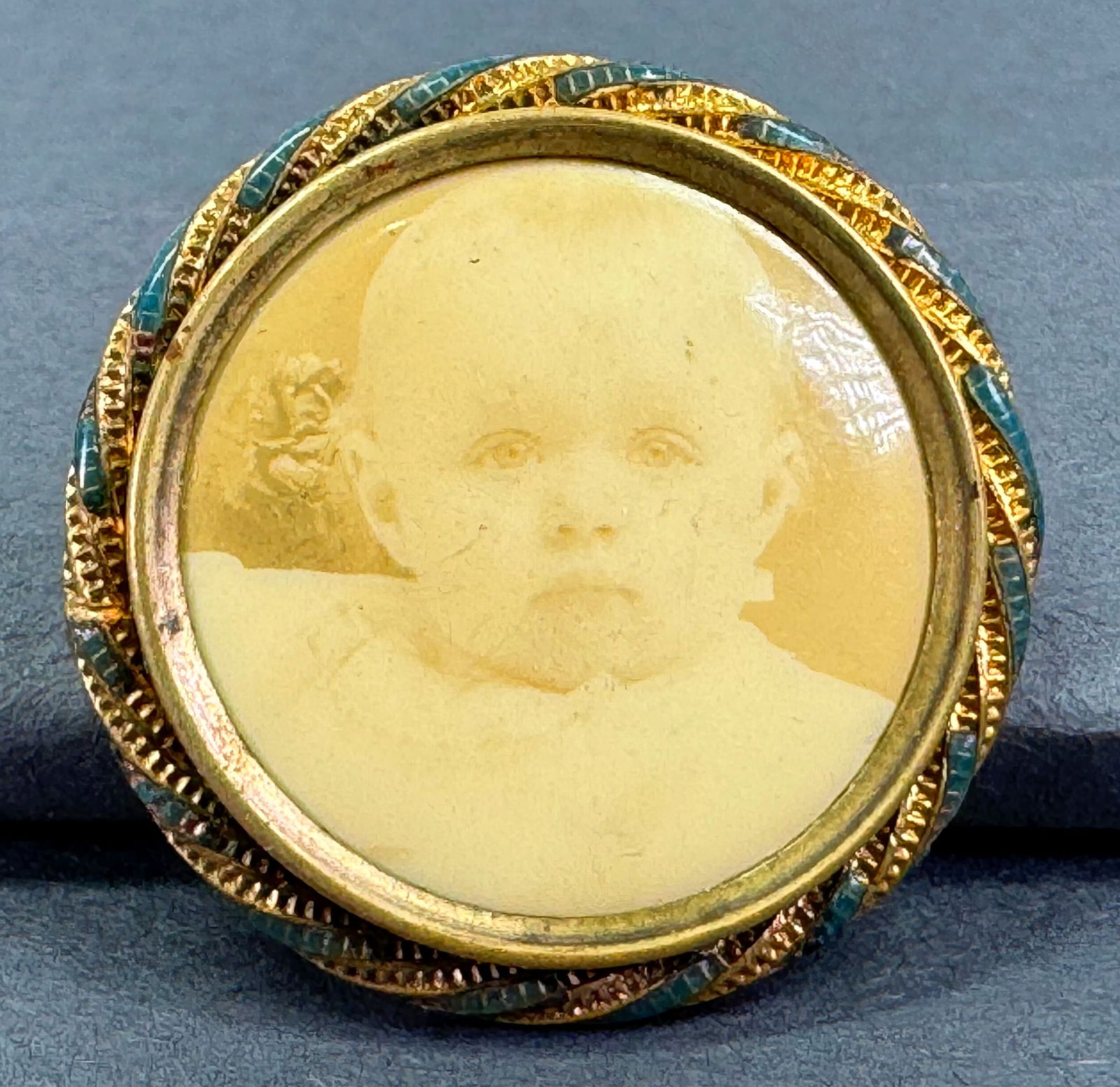 Antique celluloid baby photo button set in a lavender enamel woven gold filled pin brooch (1 of 6)