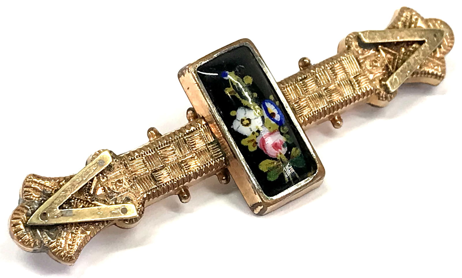 Antique Victorian hand painted flowers bouquet glass gold filled pin brooch. (1 of 7)