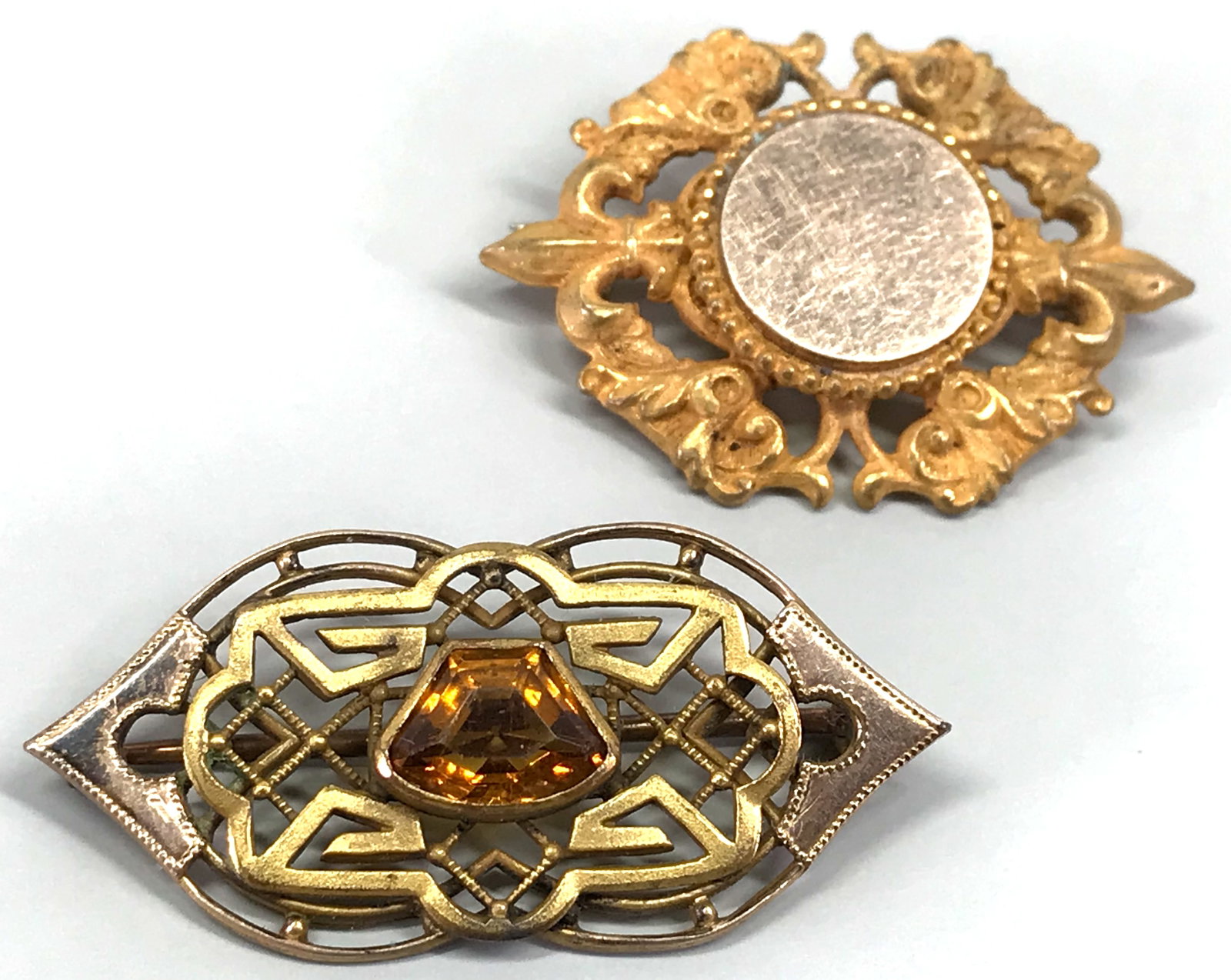 Antique assorted jeweled & space for a monogram brooches.: Antique assorted jeweled & space for a monogram pin brooches. Antique open back brown crystals gold filled appliques goldtone metal pin brooch for repair. Original patina. Scuffs. One applique has the