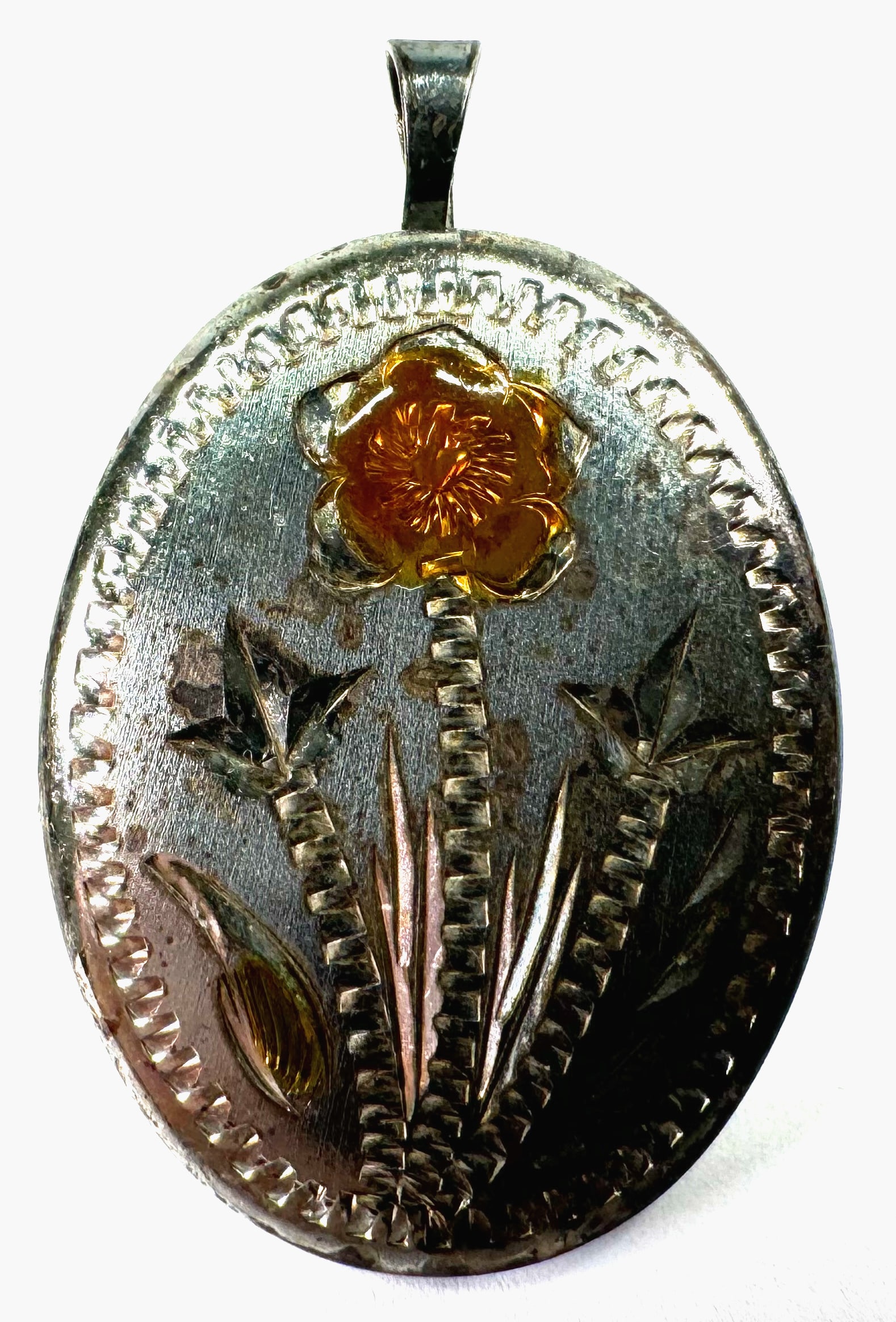 Vintage PPC Sterling enamel engraved flowers silver locket pendant. (1 of 8)