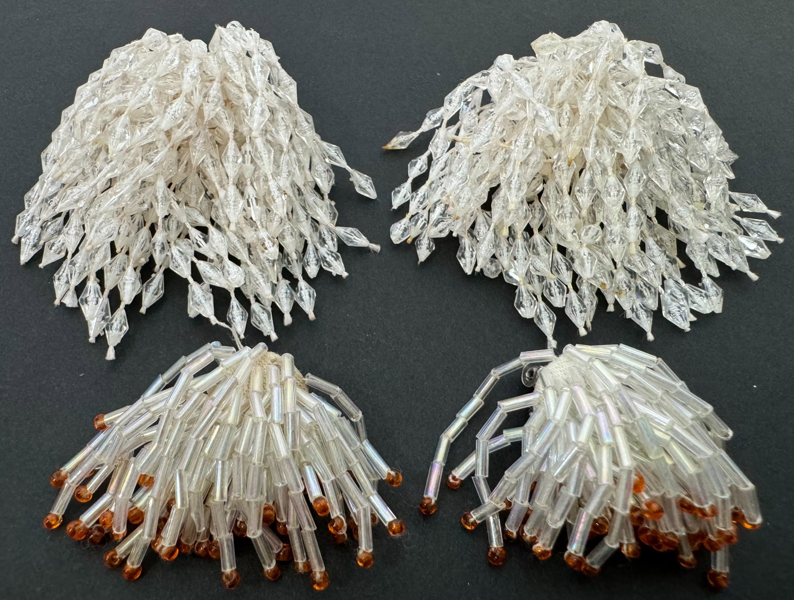 Vintage waterfall beaded glass clip earrings & plastic shoe clips.: Vintage waterfall beaded glass clip earrings & plastic shoe clips. For measures please refer to the pictures that were taken with a measuring tape. Weight: 39 Grams all. This is a NO RESERVE AUCTION: 