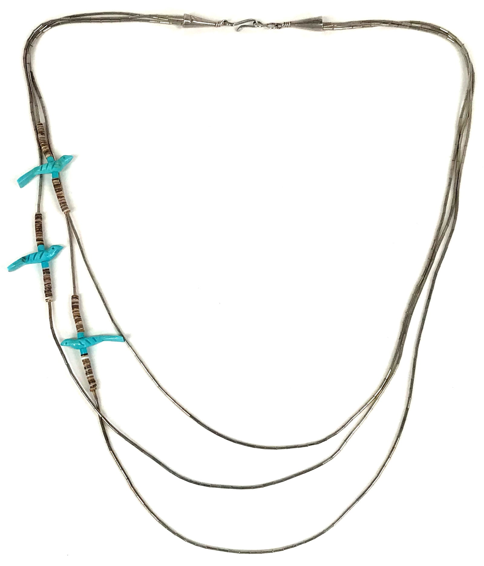 Vintage Native American Turquoise Bird Fetish Liquid Silver Necklace. (1 of 13)