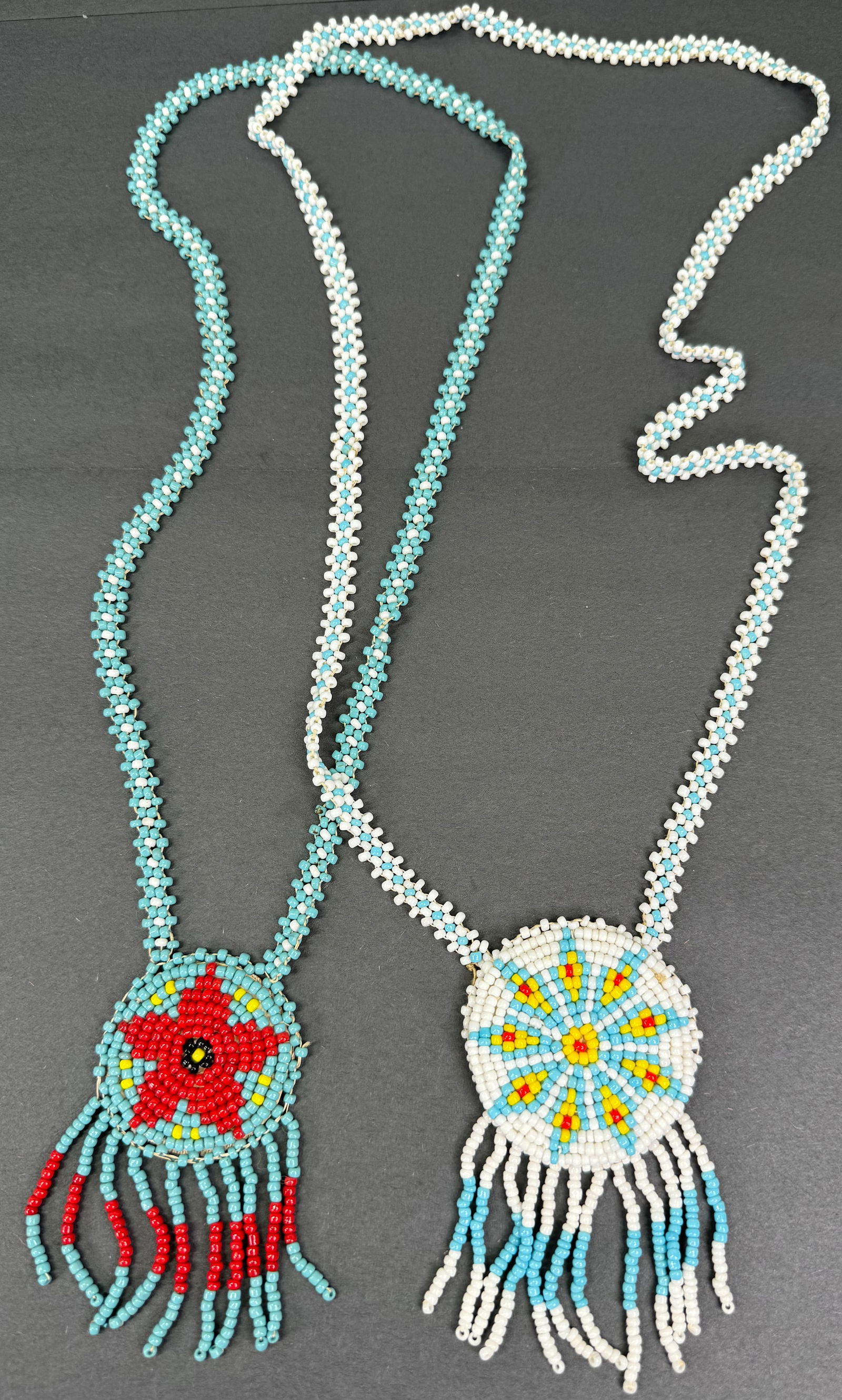 Vintage native american seed glass beadwork flower rosette with fringe necklaces. (1 of 10)