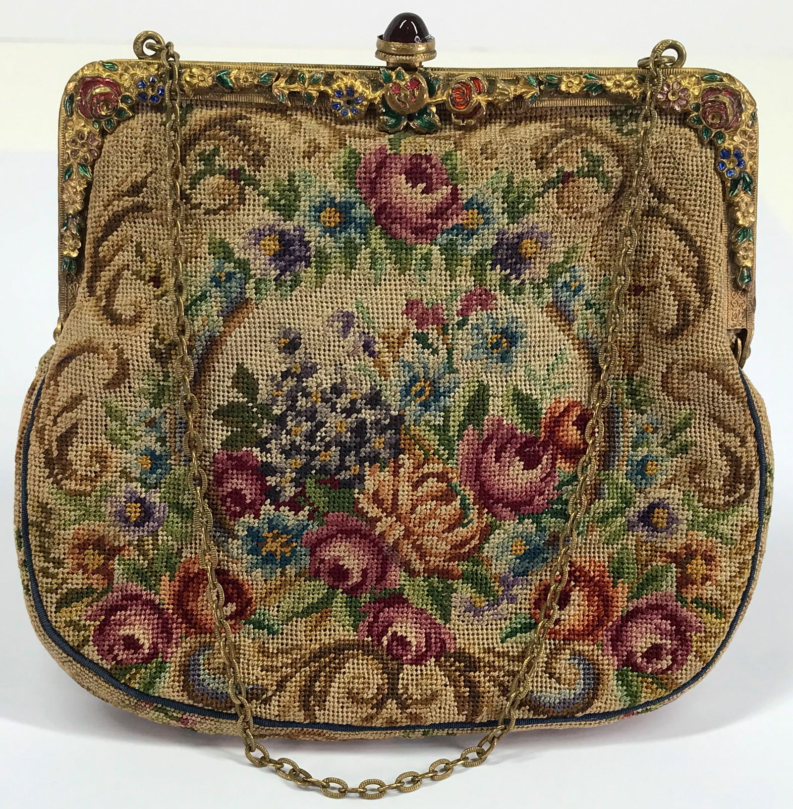 Vintage enameled goldtone frame flowers, leaves & scrolls petit point purse bag (1 of 13)