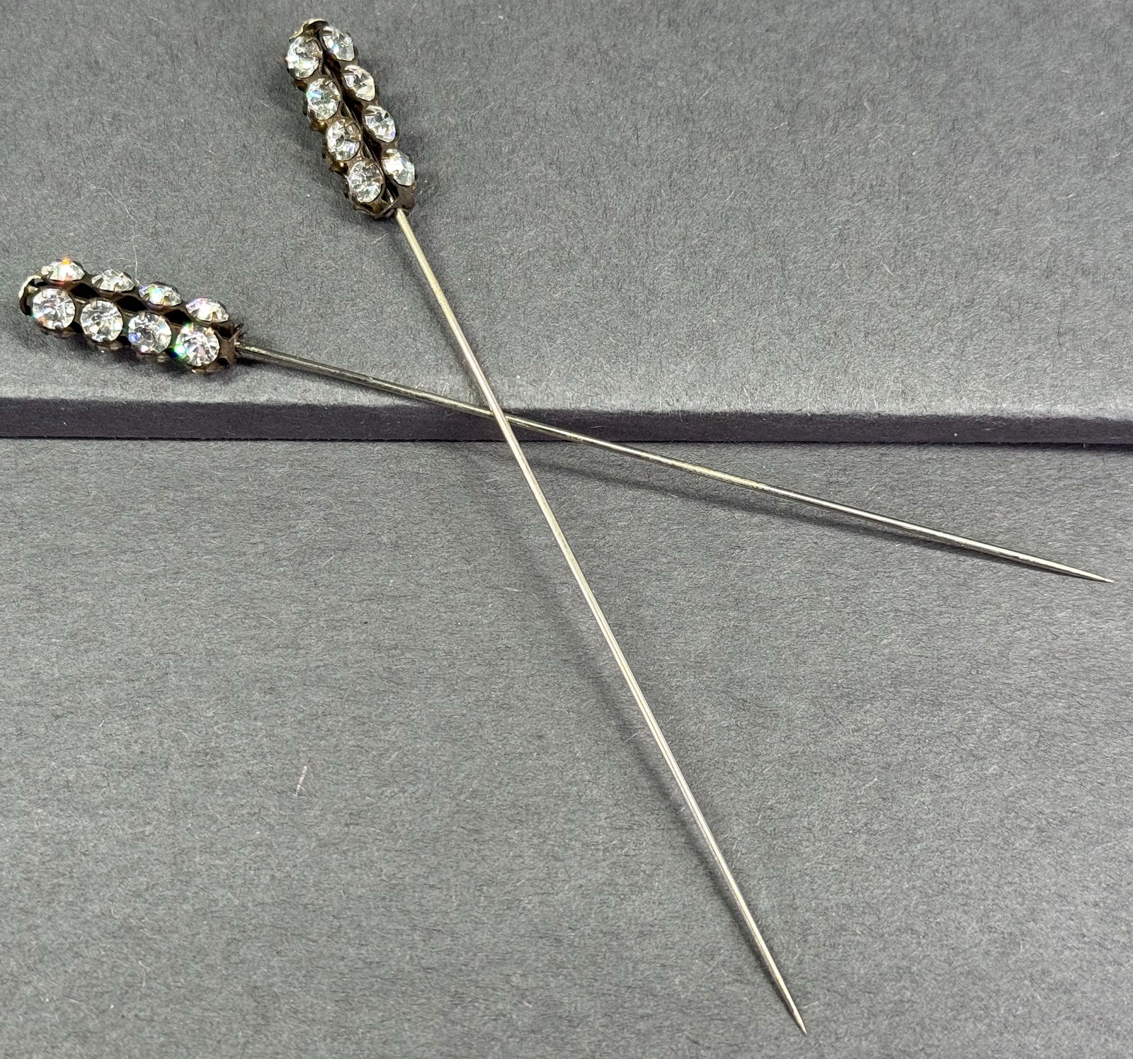Vintage clear crystals silvertone metal hat pins pair. (1 of 6)