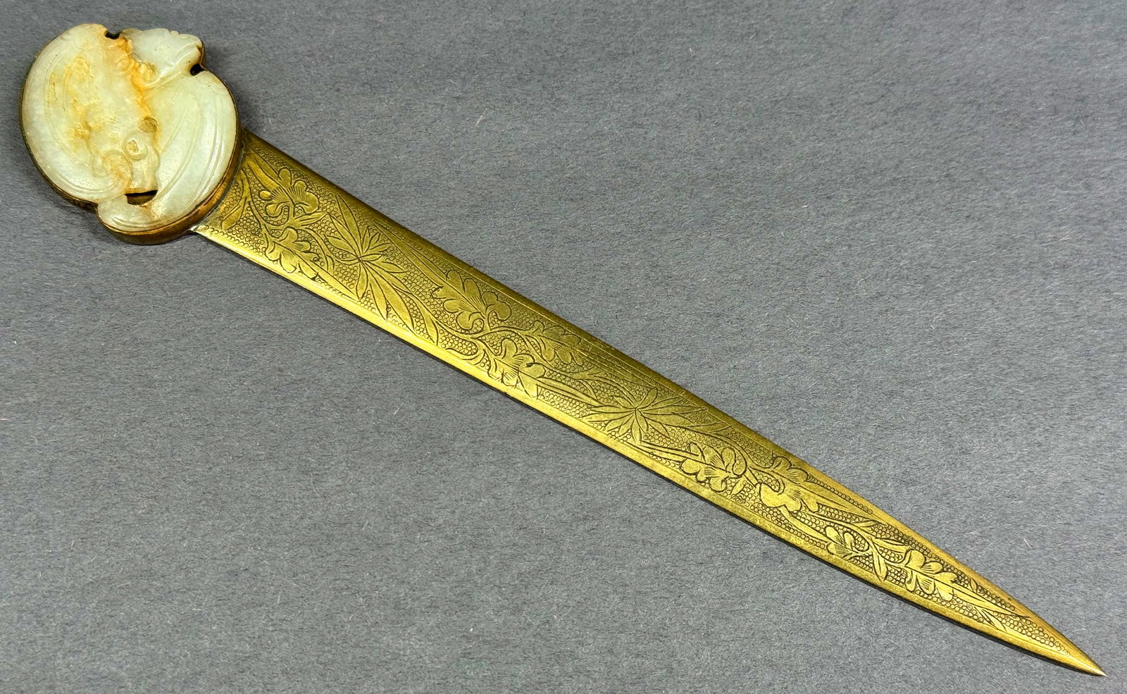 Vintage Chinese carved dragon jade decorated with flowers and leaves bronze letter opener (1 of 9)
