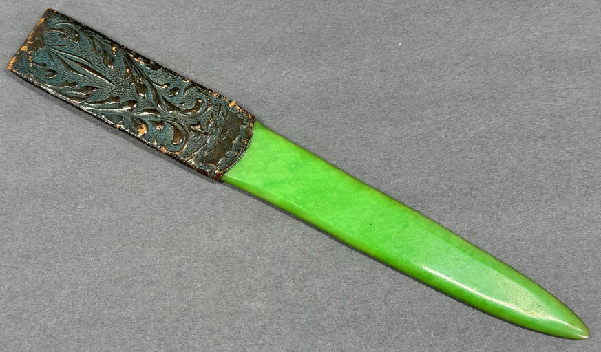 Antique Embossed Genuine Leather Handle Green Celluloid Letter Opener