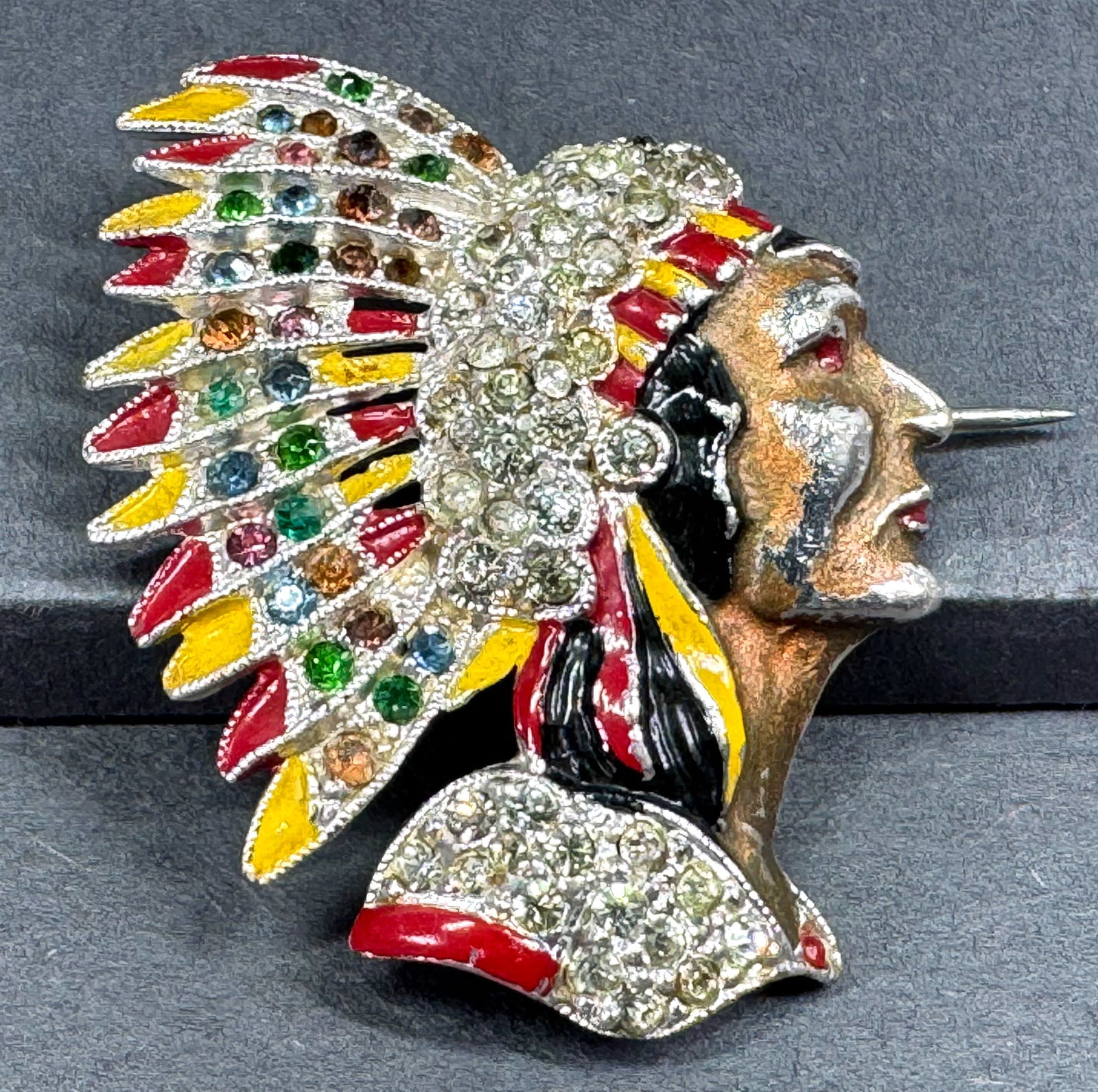 Vintage Coro Enamel Rhinestone Silvertone Metal Indian Chief Brooch Pin. (1 of 7)