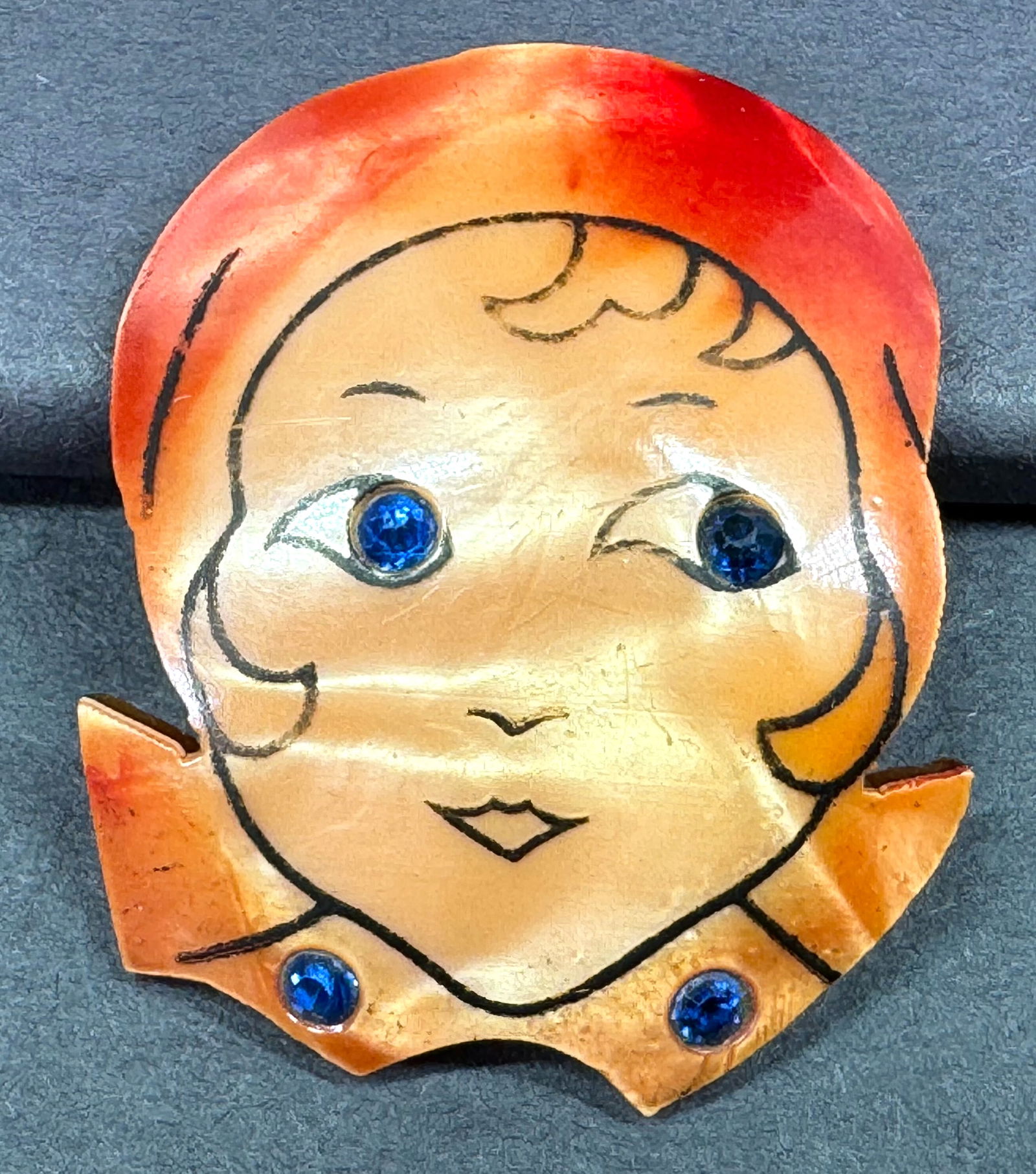 Vintage flapper girl rhinestones painted celluloid pin brooch. (1 of 6)