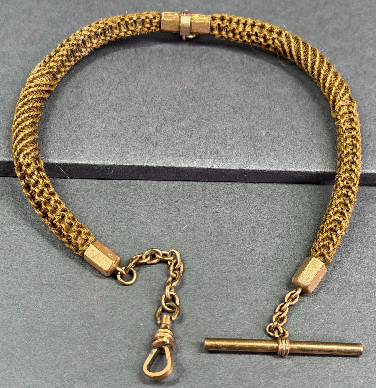 Victorian Mourning Woven Hair Jeweled Gold-Filled Pocket Watch Fob Chatelaine Chain. (1 of 19)