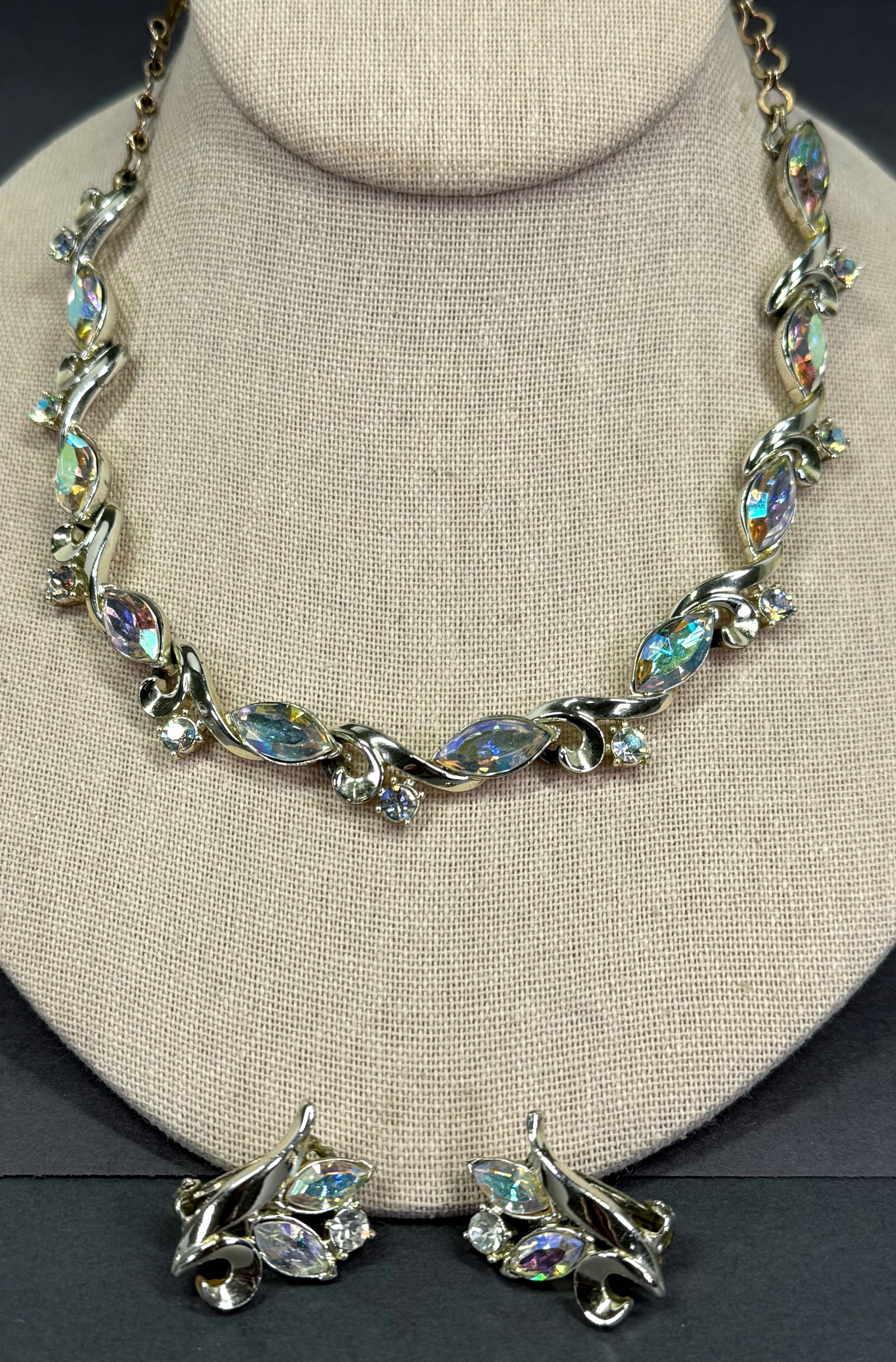 Vintage Charel AB & clear crystal silvertone metal choker necklace and clip earrings: Vintage Charel AB & clear crystal silvertone metal choker necklace and clip earrings. The necklace is unmarked and the earrings are marked on the clasp . For measures please refer to the pictures take