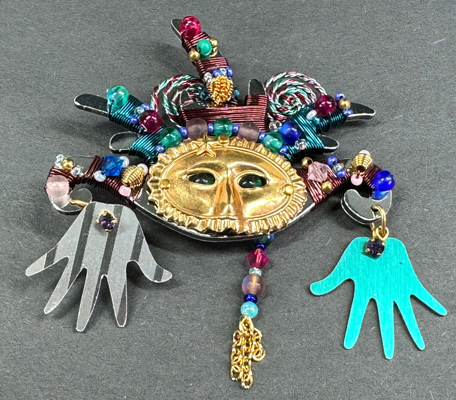 Vintage Liztech Mardi Gras Mask Articulated Handles Pin Brooch 1994 . (1 of 10)