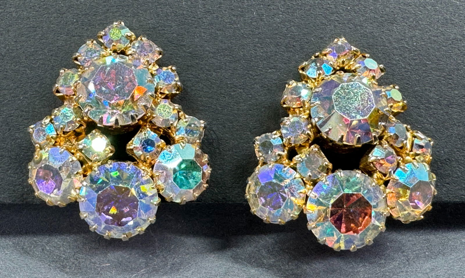 Vintage AB crystals goldtone metal clip on earrings (1 of 5)