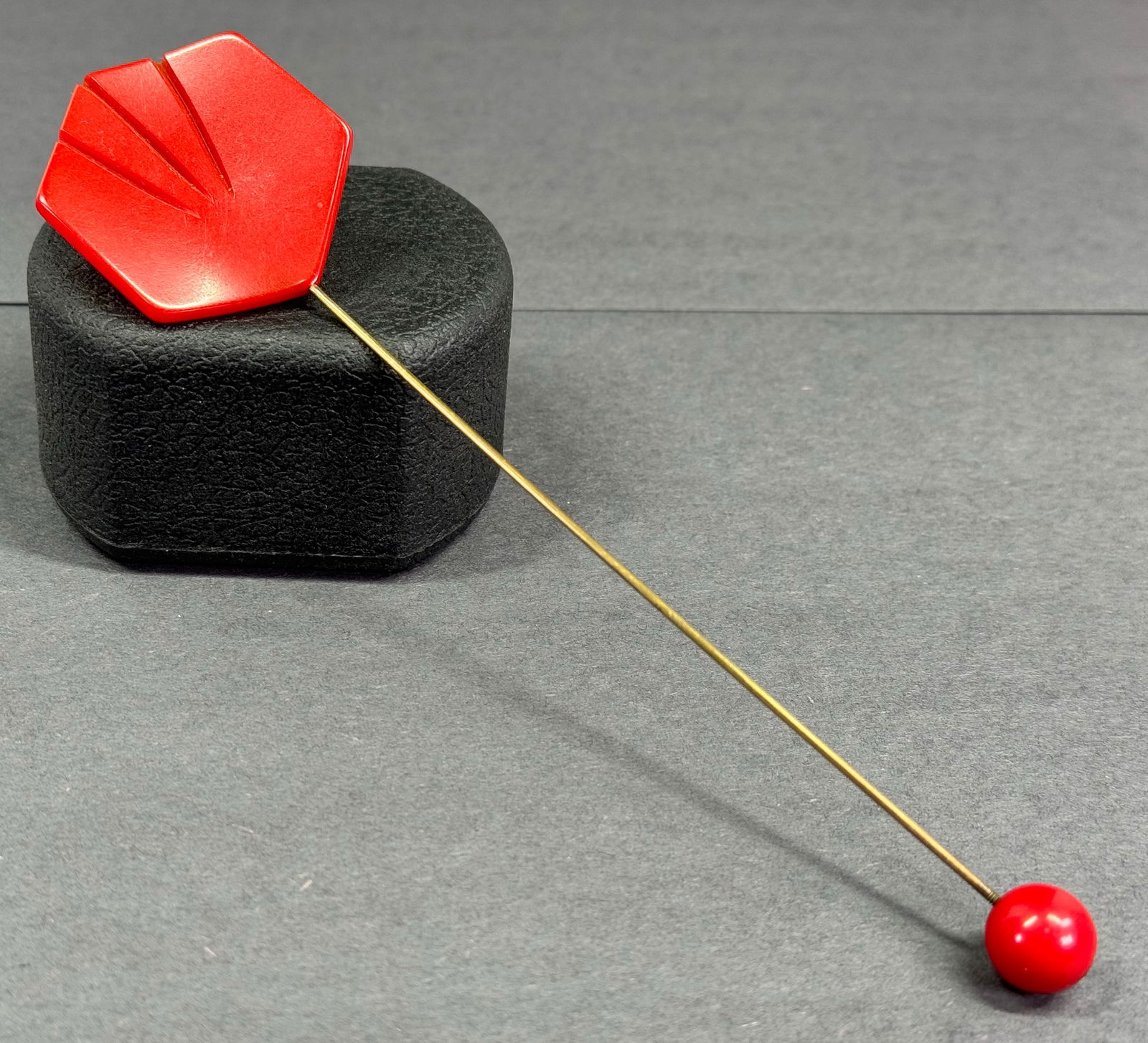 Vintage art deco carved red bakelite (tested) long jabot pin. (1 of 10)