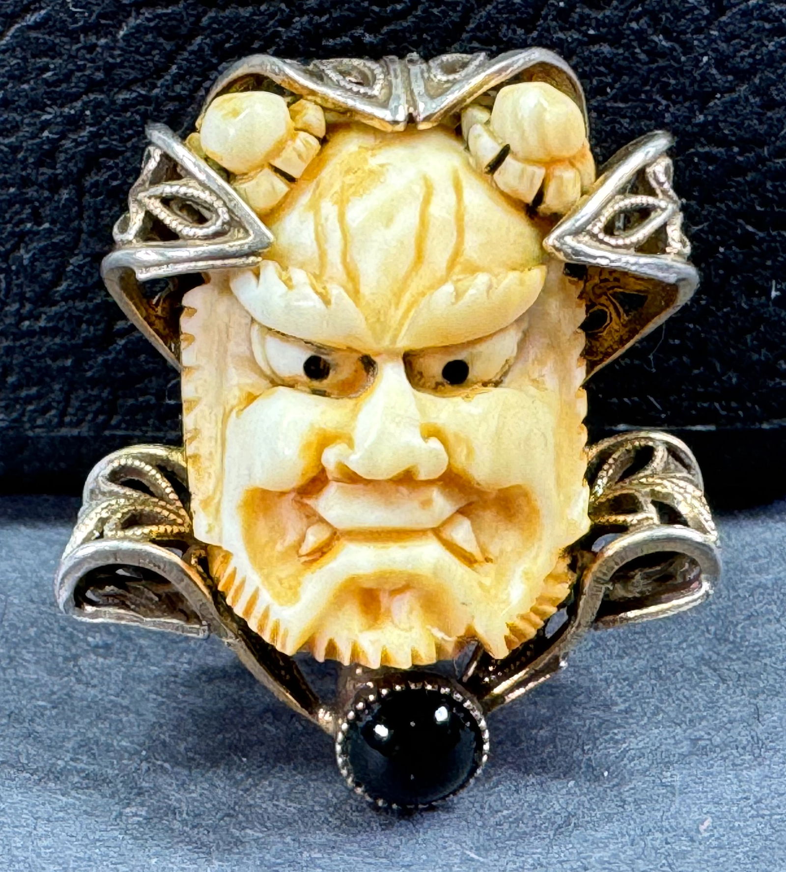 Vintage black glass cab celluloid face filigree goldtone metal Japanese Noh mask pin brooch. (1 of 6)