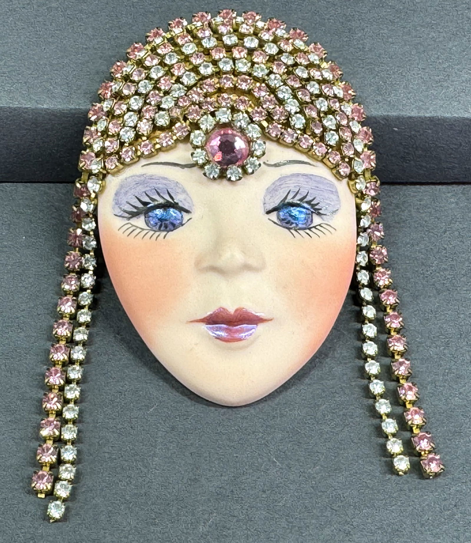 Vintage Marsha Bauer style rhinestones hand paint porcelain flapper lady face pin brooch . (1 of 6)