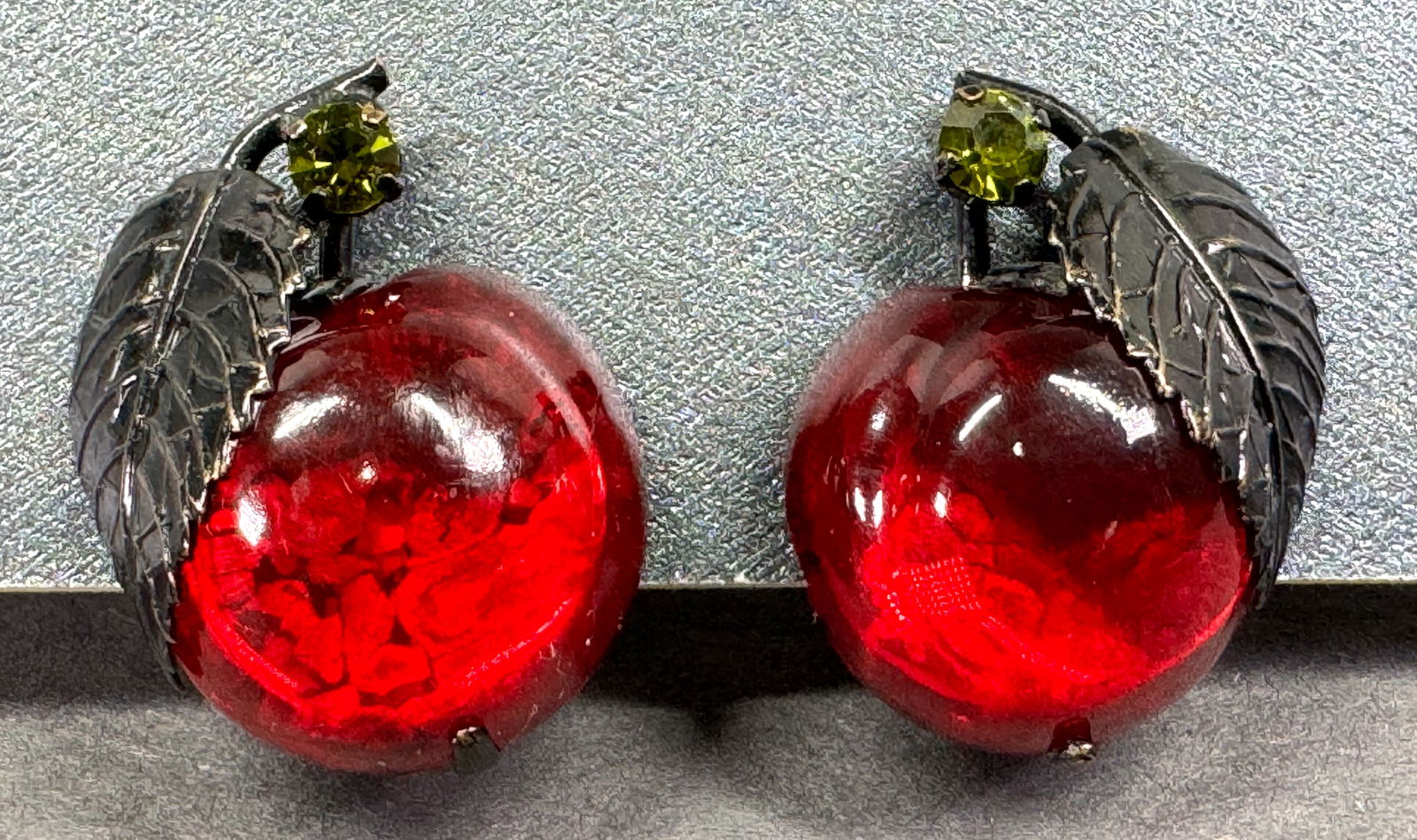 Vintage Austrian forbidden fruit vauxhall red glass green rhinestone enamel leaf apple earrings (1 of 7)