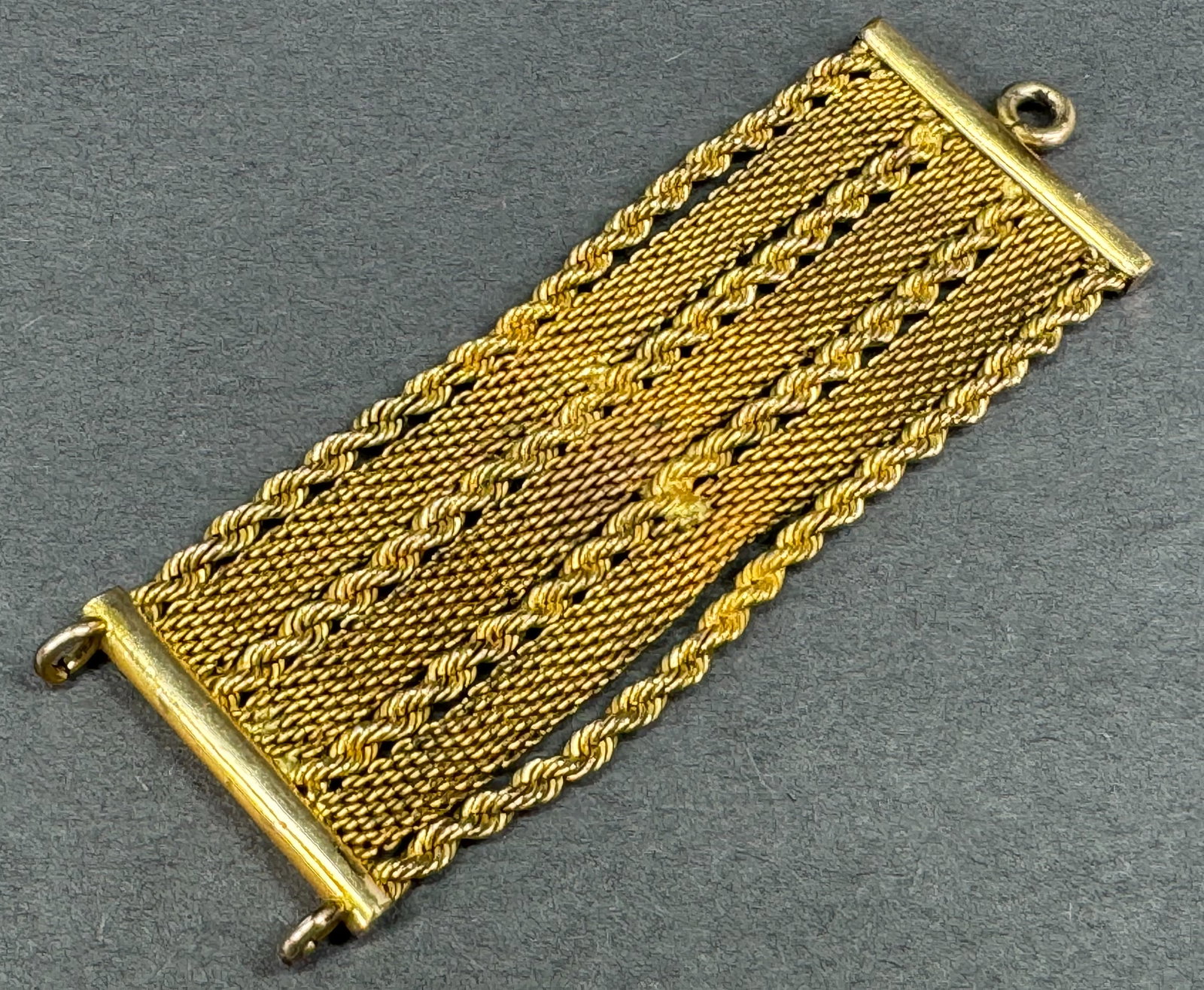 Antique gold filled mesh chain piece for pocket watch or chatelaine.: Antique gold filled mesh chain piece for pocket watch or chatelaine. Unmarked. For measures please refer to the pictures taken with a measuring tape. Weight: 10 Grams. This is a NO RESERVE AUCTION: th