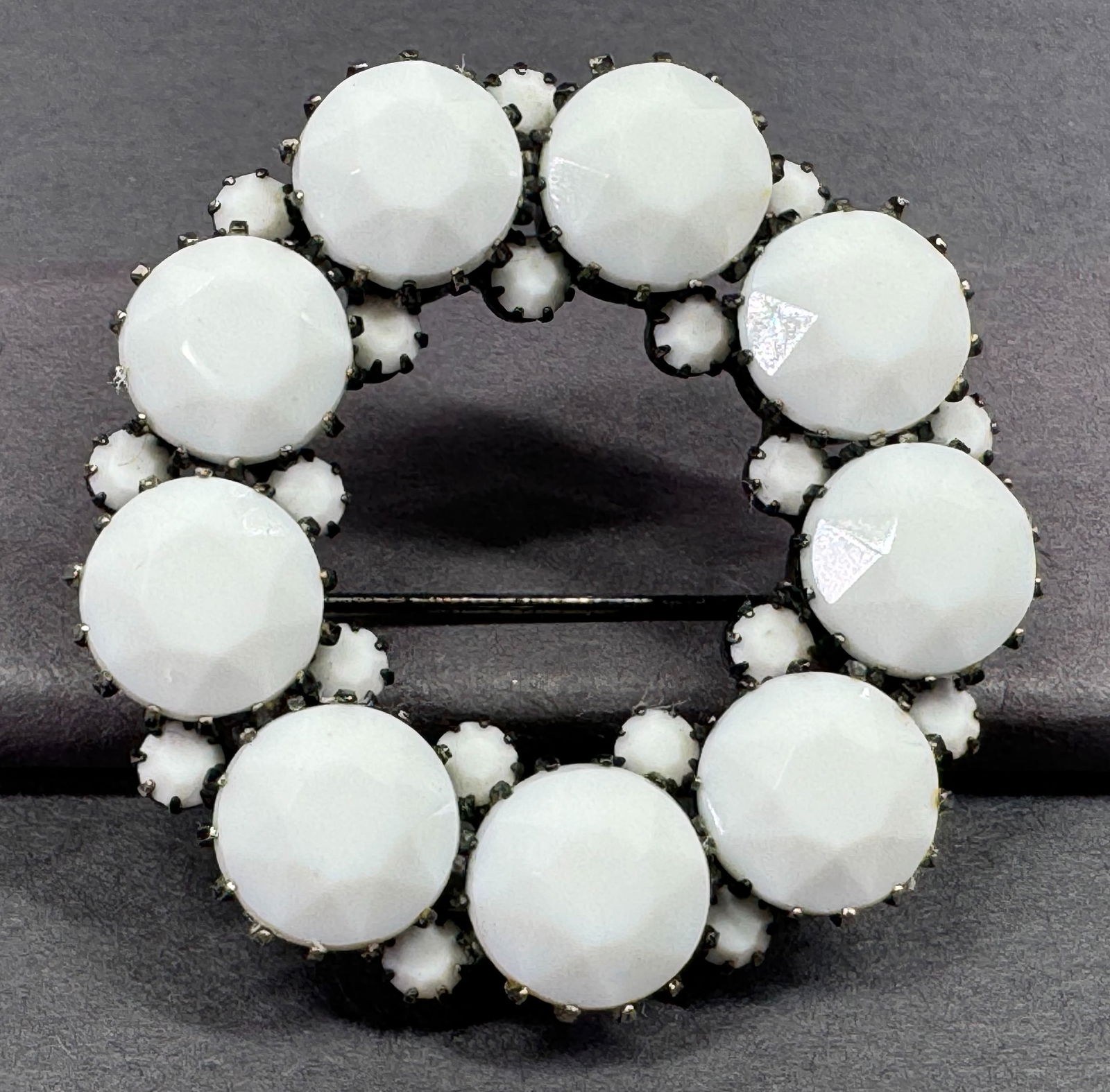 Vintage milky white crystals japanned metal wreath pin brooch. (1 of 6)