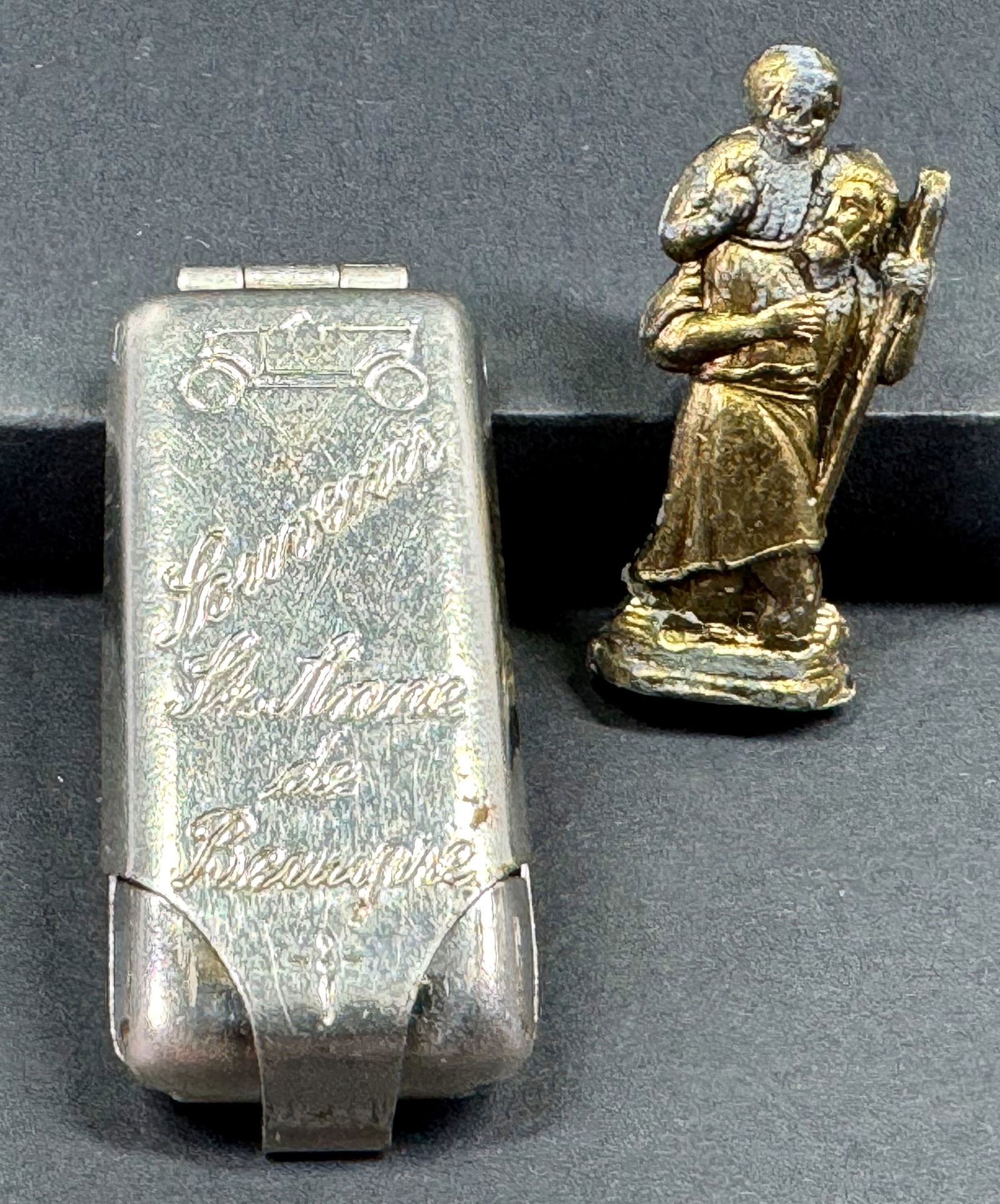 Antique German Souvenir St Anne de Beaupre safe travel pocket shrine with St Christopher mini statue (1 of 14)