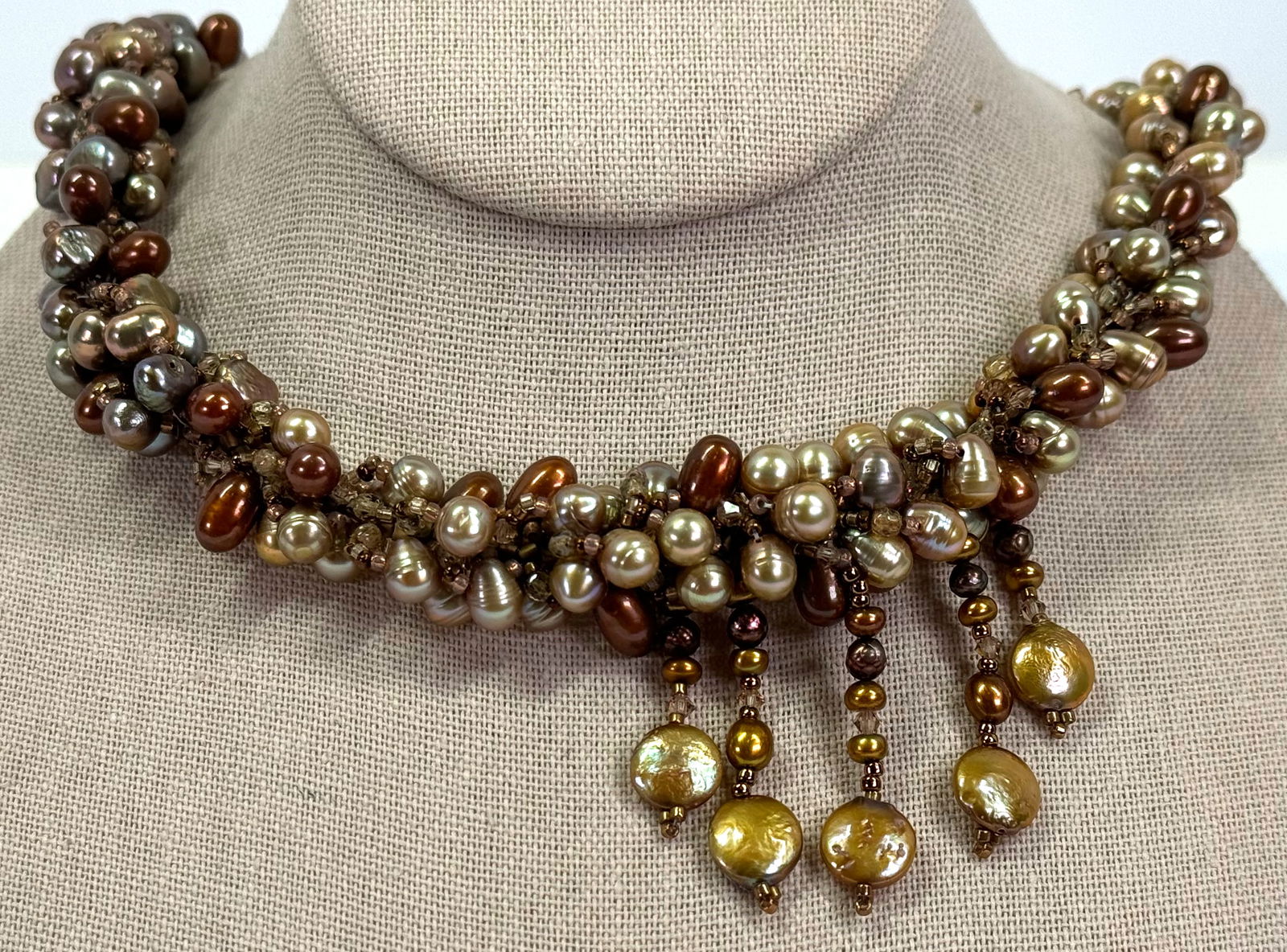 Vintage artsy fall colors baroque pearls & glass woven beadwork collar necklace with dangles. (1 of 12)